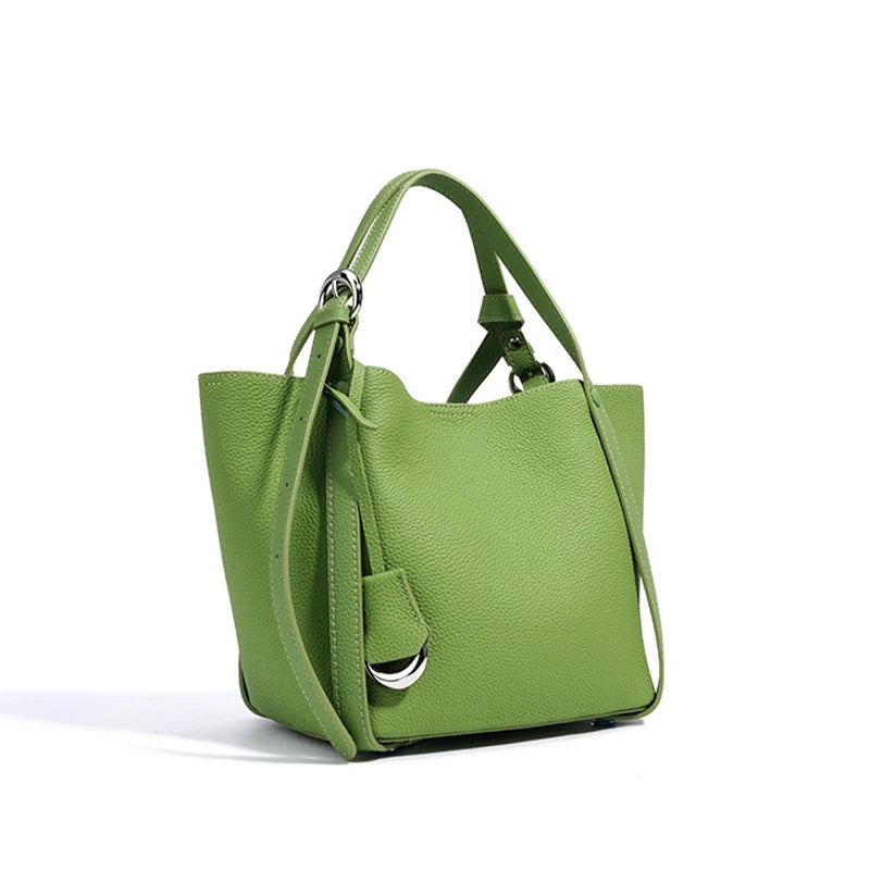 Genuine Leather Large Capacity Women's Bucket Handbag-Handbags-Green-Free Shipping Leatheretro