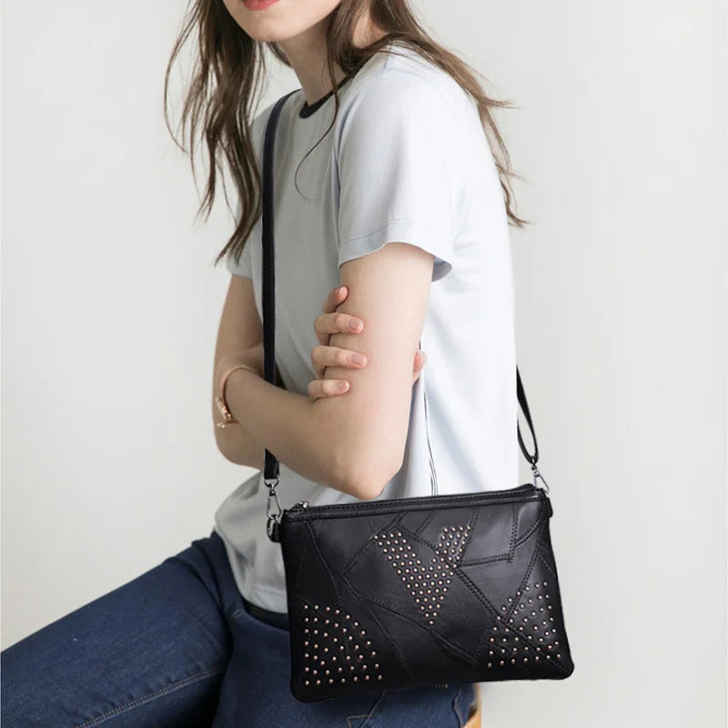 Women’s Black Rivet Shoulder Bag – Small Crossbody Messenger Handbag-Handbags-Black-Free Shipping Leatheretro