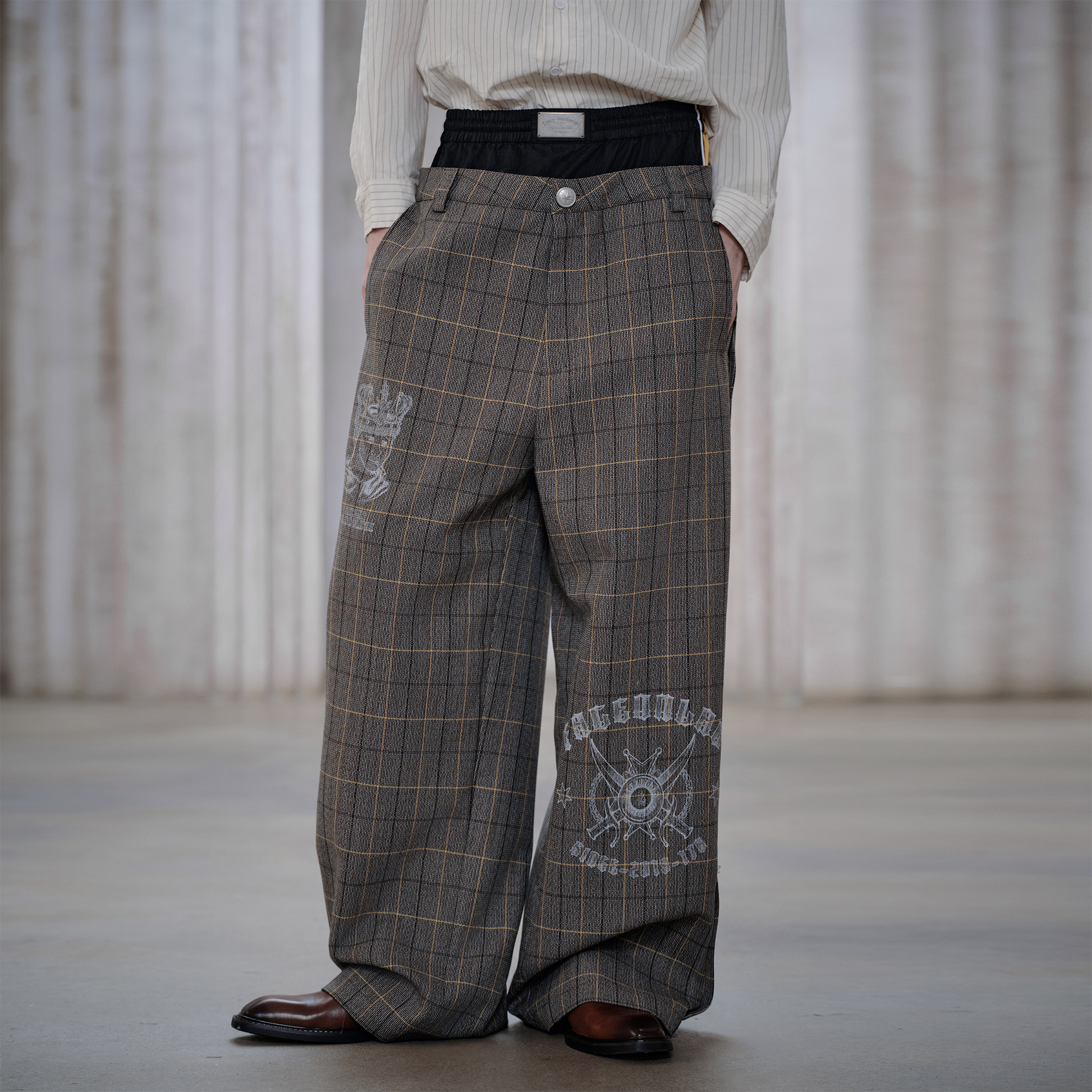 FACEONLAB Contrast Double-Waist Plaid Graphic Trousers-Pants-M (Preorder)-Free Shipping Leatheretro