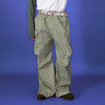 TRECLUB Plaid Multi-Pocket Crinkled Cargo Pants-Pants-S-Free Shipping Leatheretro