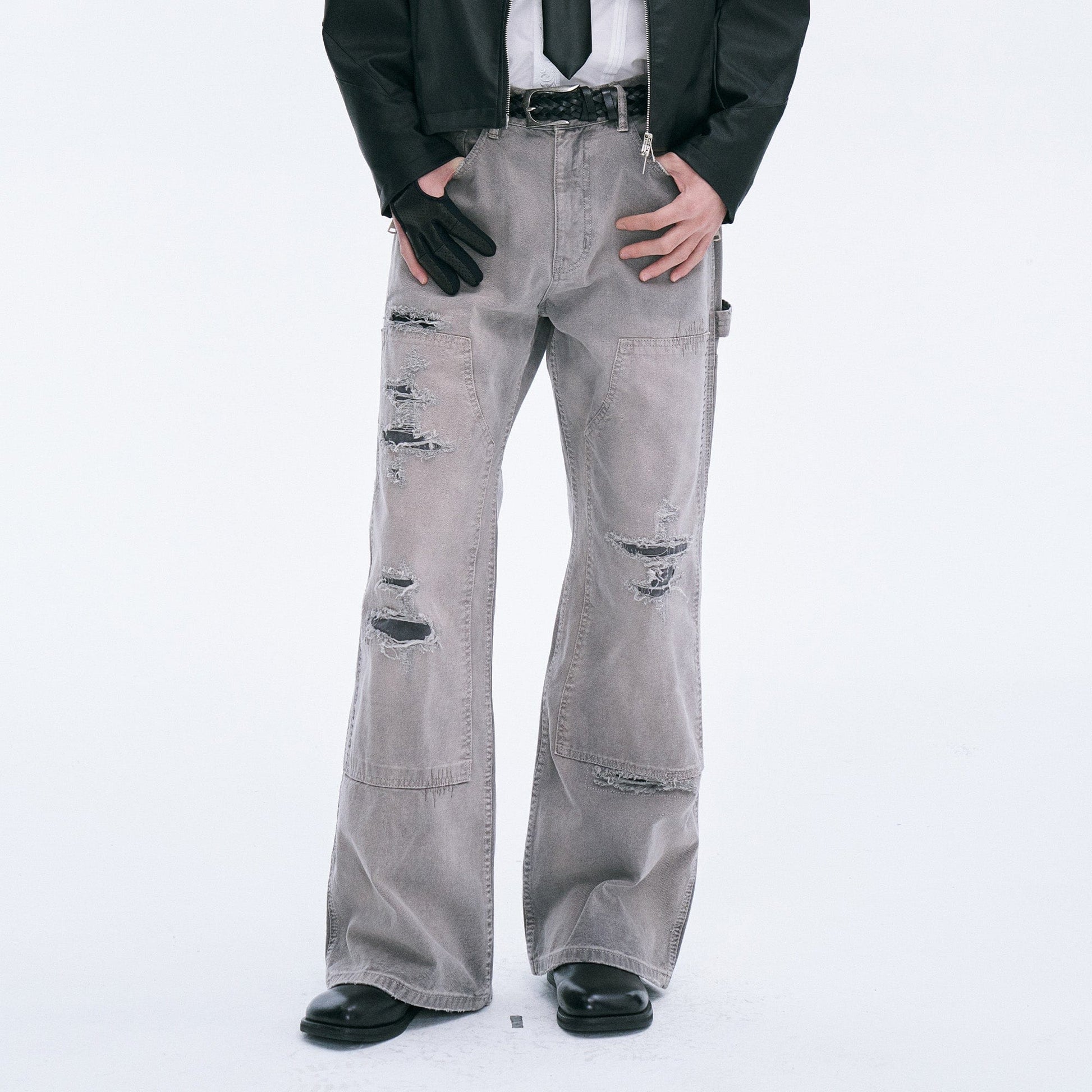 CATSSTAC Distressed Double-Knee Carpenter Straight-Leg Jeans Gray-Jeans-M-Free Shipping Leatheretro