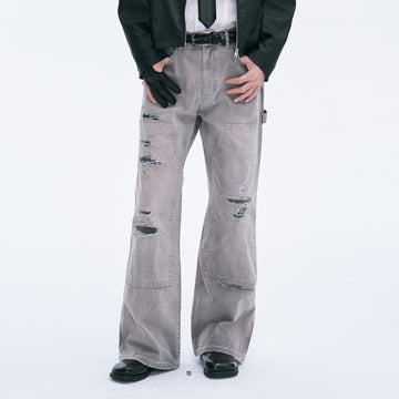 CATSSTAC Distressed Double-Knee Carpenter Straight-Leg Jeans Gray-Jeans-M-Free Shipping Leatheretro