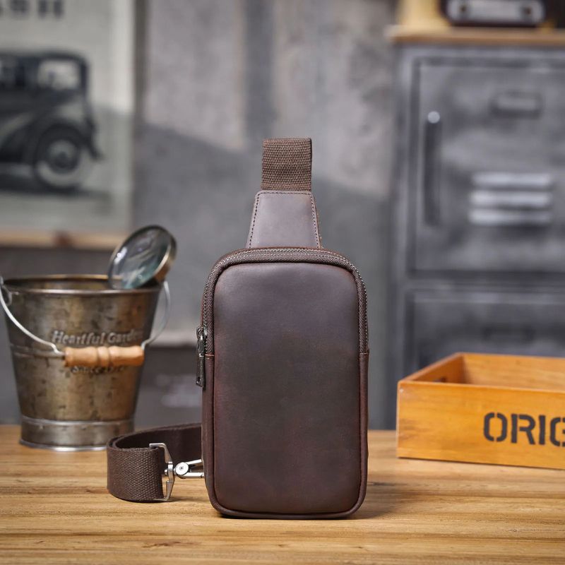 Vintage Full Grain Leather Sling Bag for Men – Premium Crossbody Chest Bag-Chest Bags-Dark Coffee-Free Shipping Leatheretro