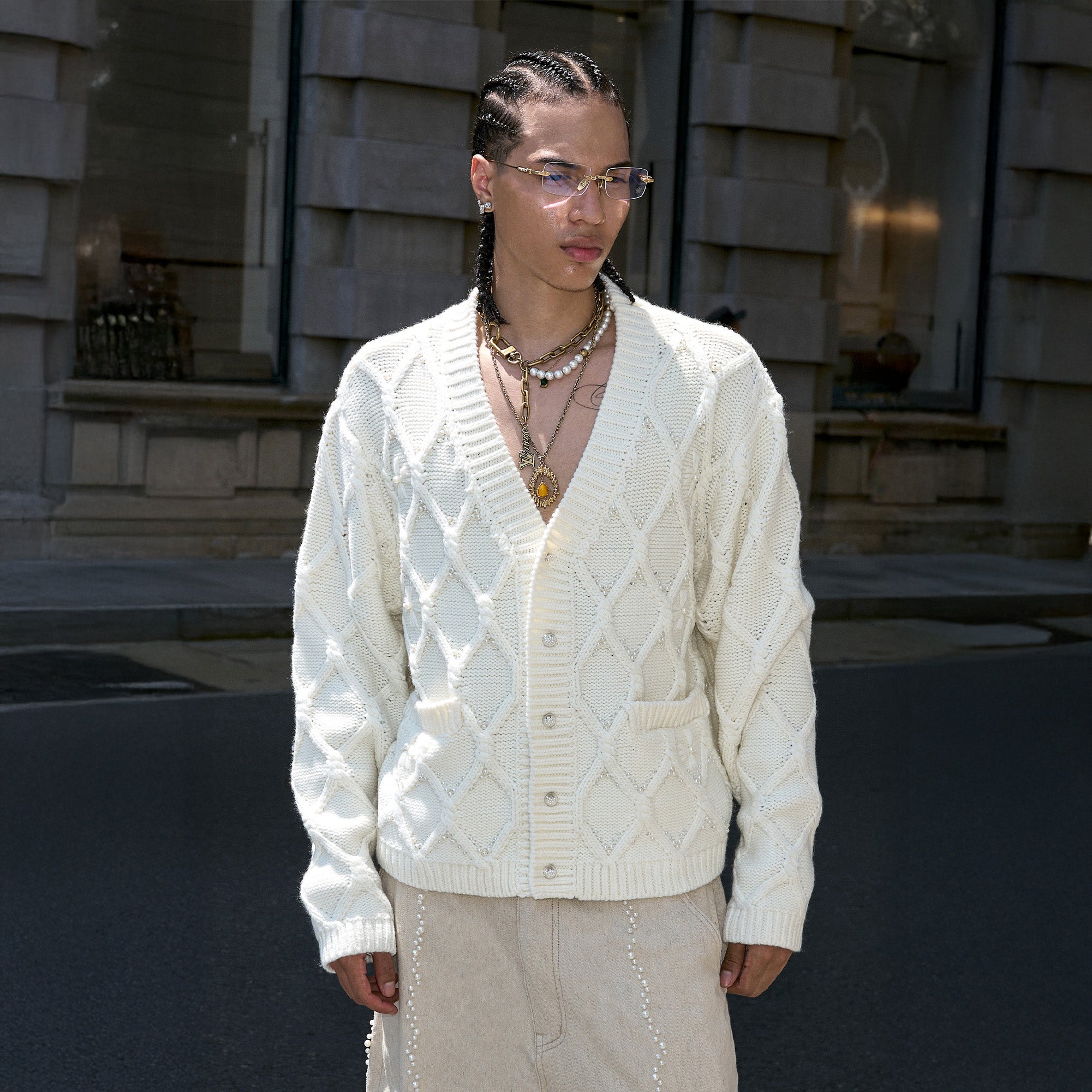 STEEPC Lattice Pearl-Stitched Wool-Blend Cardigan-Sweater-S (1)-Free Shipping Leatheretro