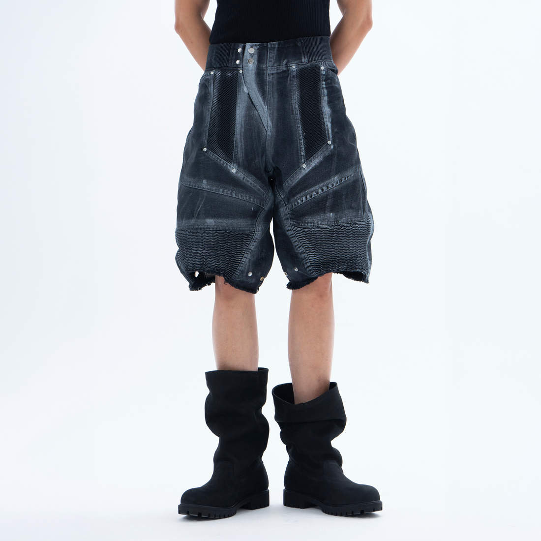 CLP Ribbed Paneled Wide-Leg Denim Shorts-Shorts-M / 27"-Black-Free Shipping Leatheretro