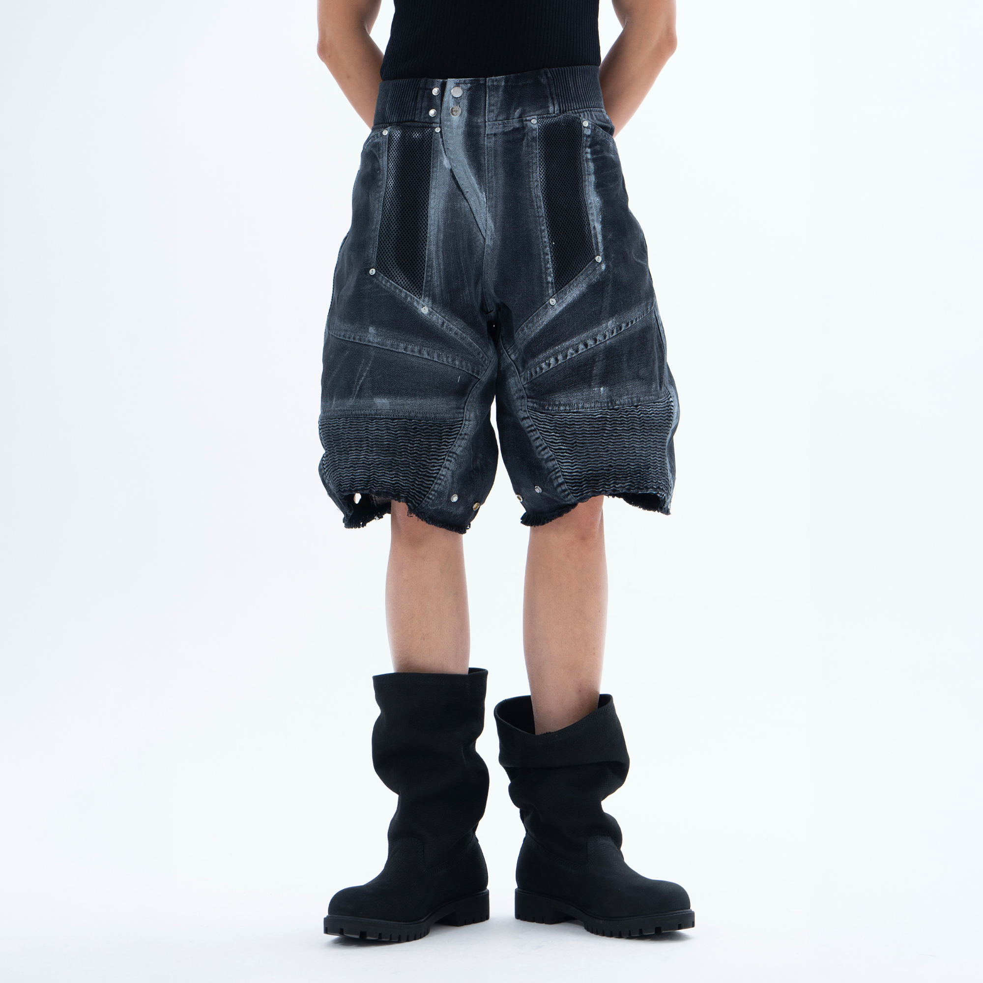 CLP Ribbed Paneled Wide-Leg Denim Shorts-Shorts-M / 27"-Black-Free Shipping Leatheretro