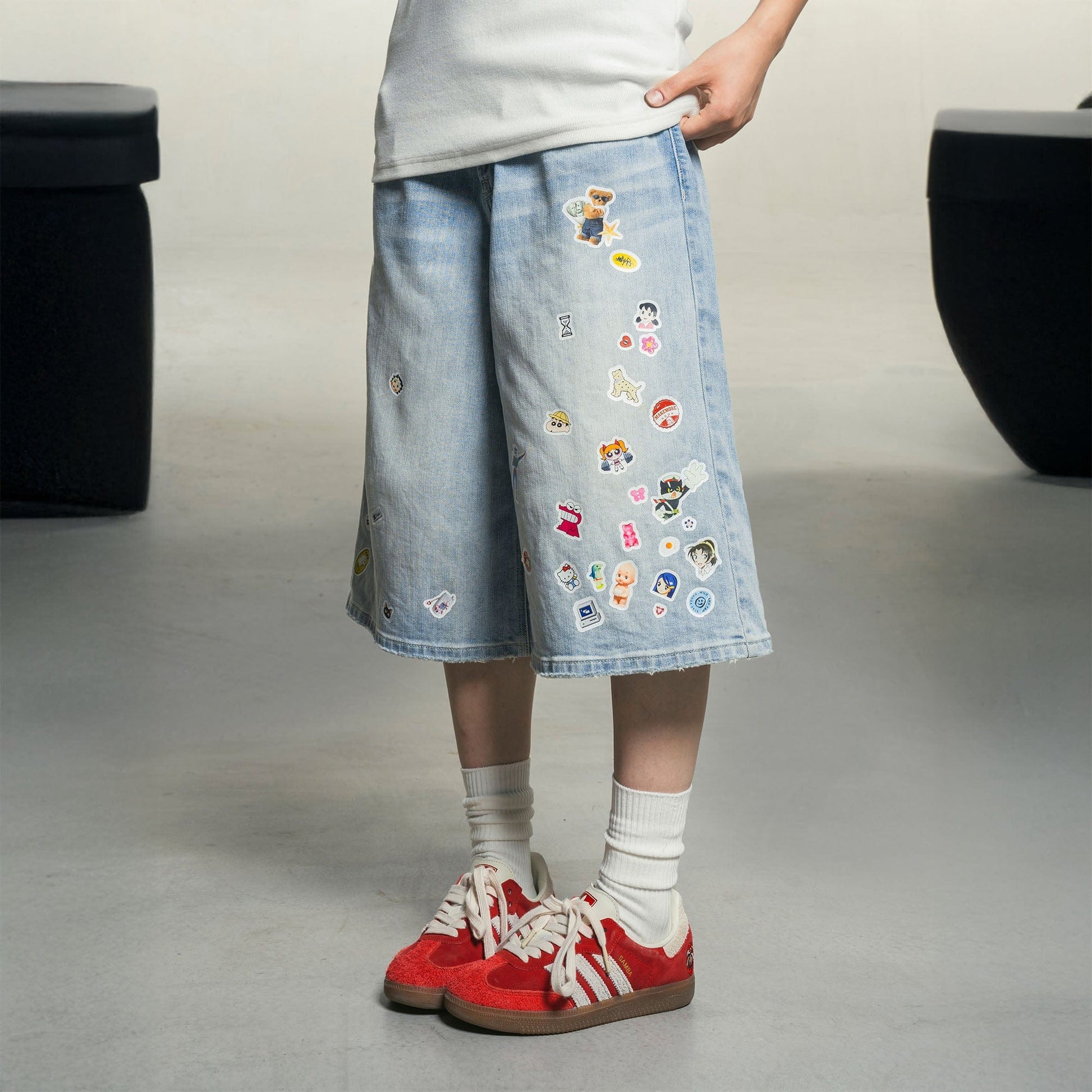 MAKEMORE Anime Sticker Washed Denim Shorts-Shorts-S-Free Shipping Leatheretro