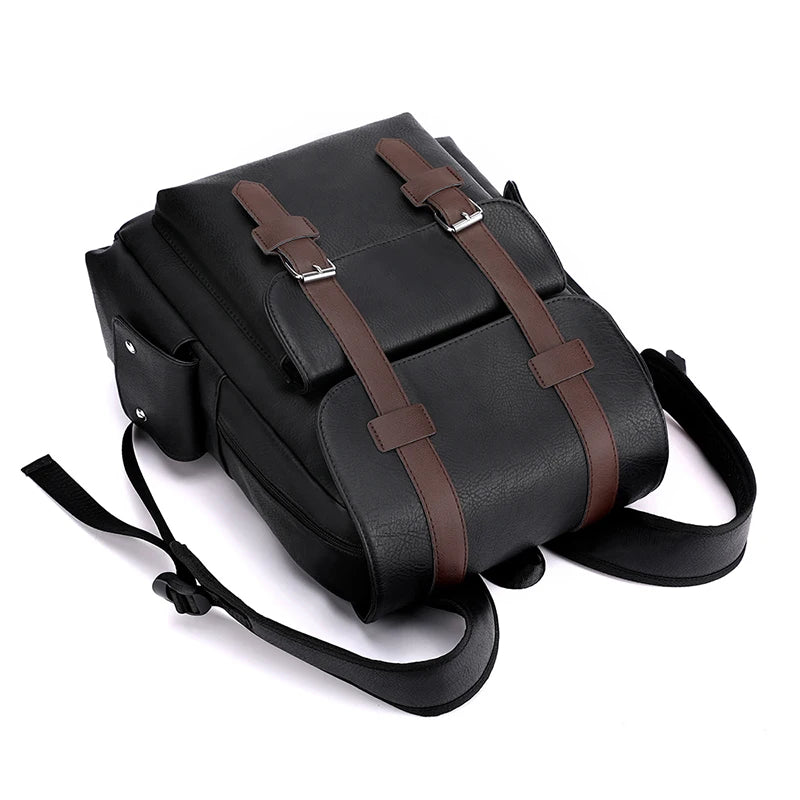 Stylish Men’s PU Leather Laptop Backpack – Large Capacity School & Travel Bag-Backpacks-Black-Free Shipping Leatheretro