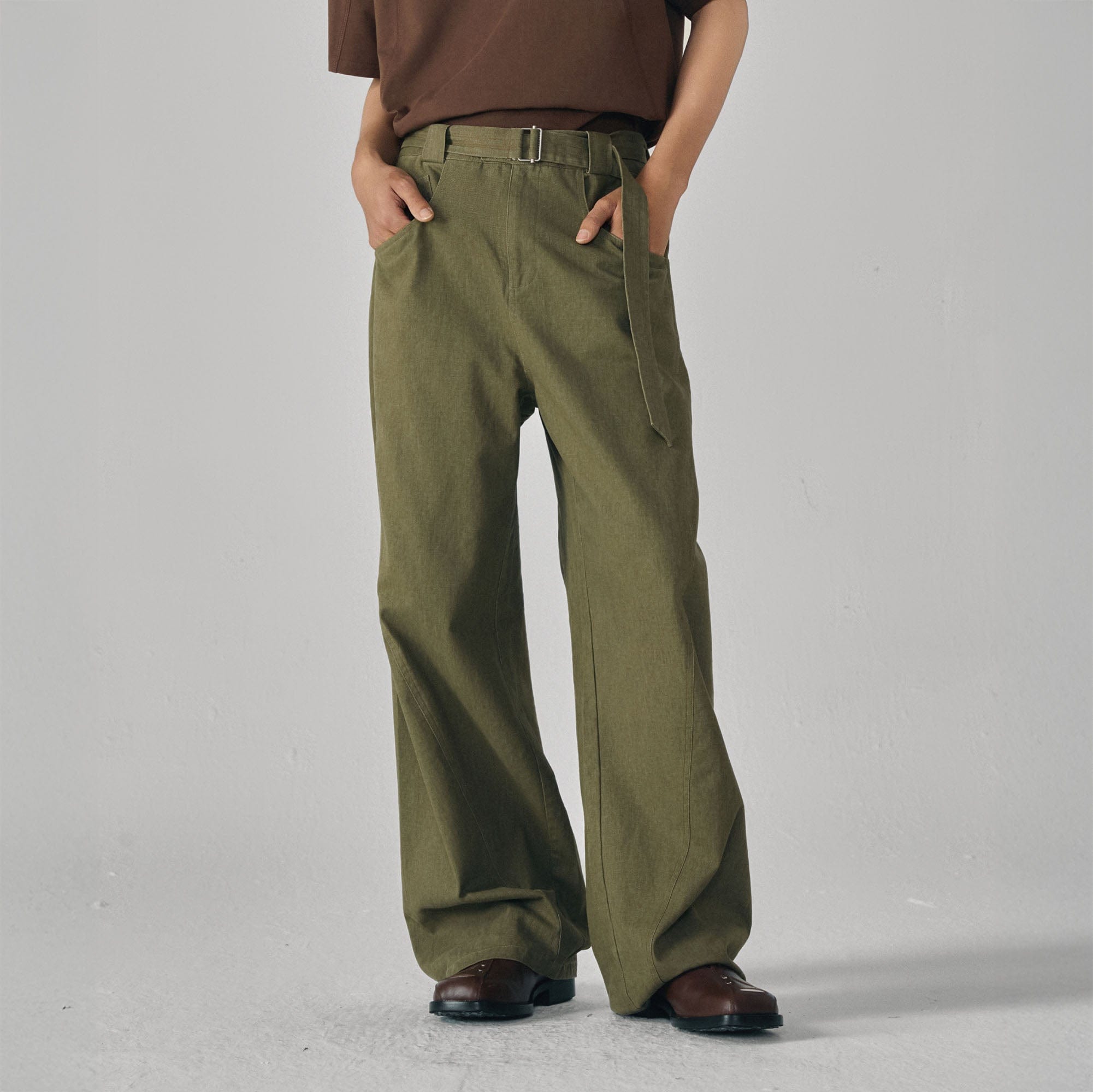 GONGHE REPUB Arc Spliced Strap Belt Pants-Pants-XS-Green-Free Shipping Leatheretro