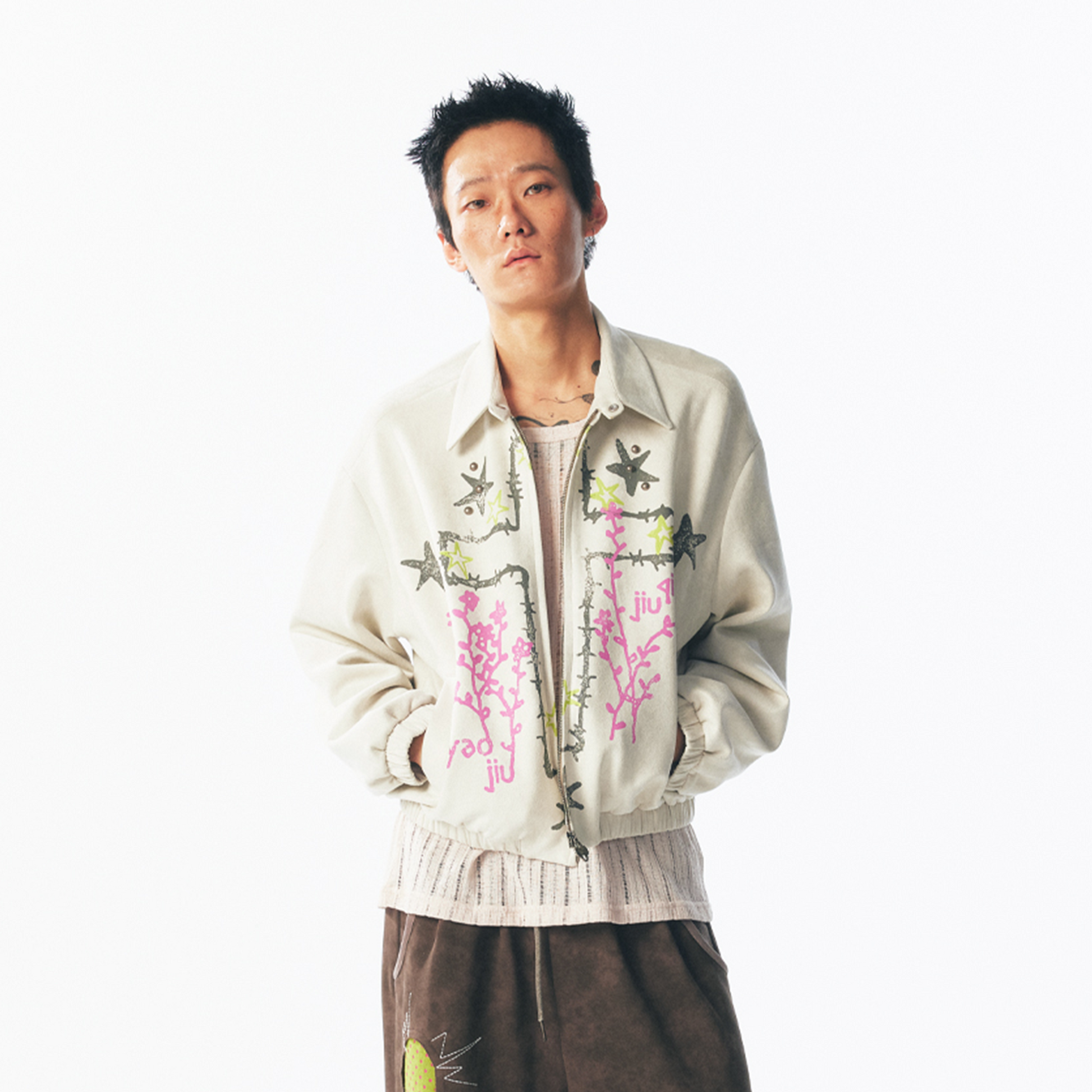 1997 POSTOFFICE Floral Cross Faux Suede Jacket-Jacket-S (Preorder)-White-Free Shipping Leatheretro