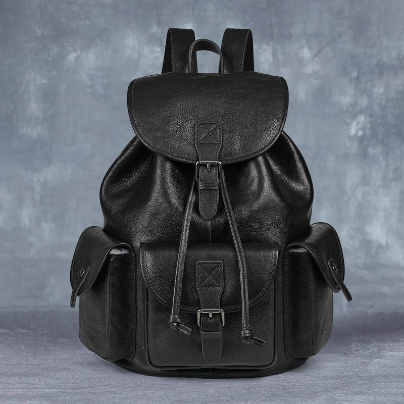 Geometric Pattern Genuine Leather Retro Backpack - Casual Soft Leather Hiking Bag-Backpacks-Black-Free Shipping Leatheretro