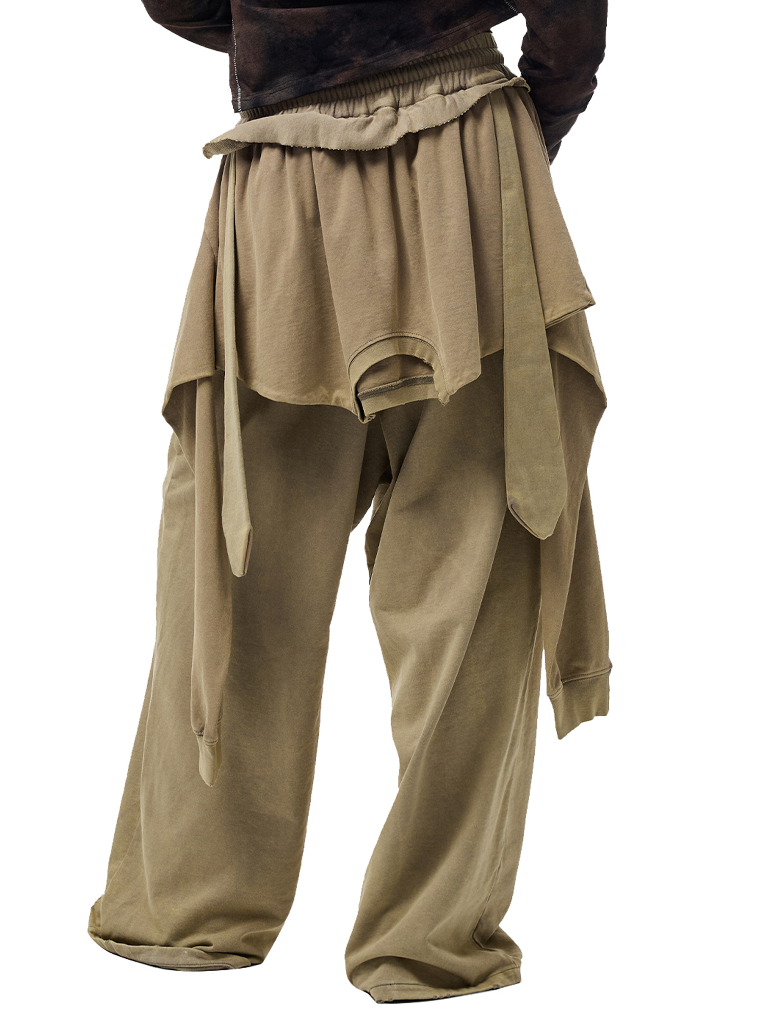 CYCYCY Layered Raw Edge Wide-Leg Sweatpants Khaki-Pants-S / 23"-Free Shipping Leatheretro