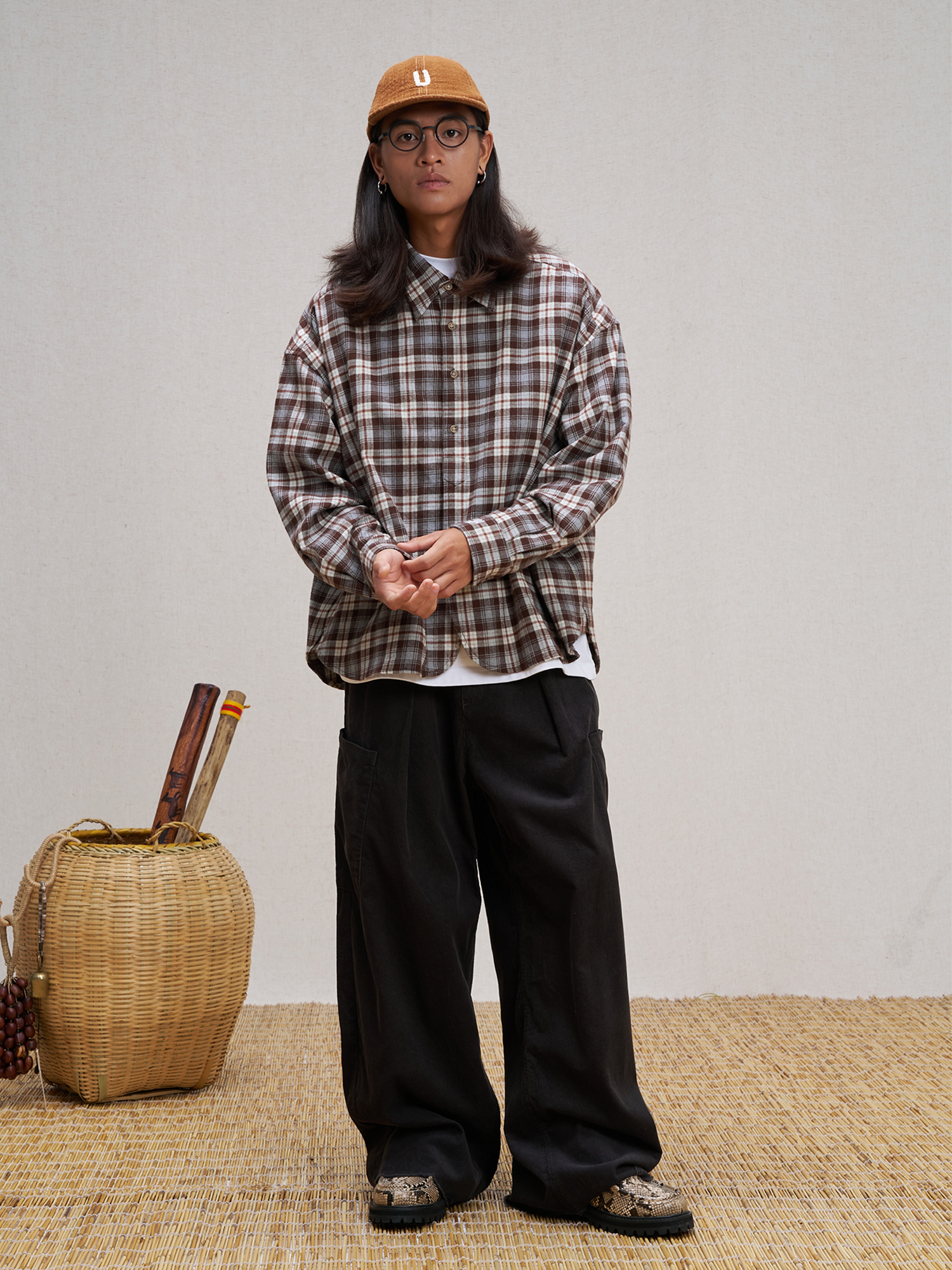 UNLIMITED MOTE Plaid Oversized Half-Open Collar Shirt Brown-Shirt-XS-Free Shipping Leatheretro