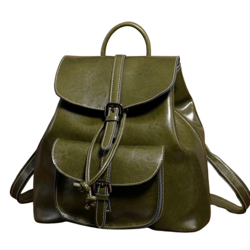 Genuine Waxed Leather Drawstring Backpack for Women-Backpacks-Brown-Free Shipping Leatheretro