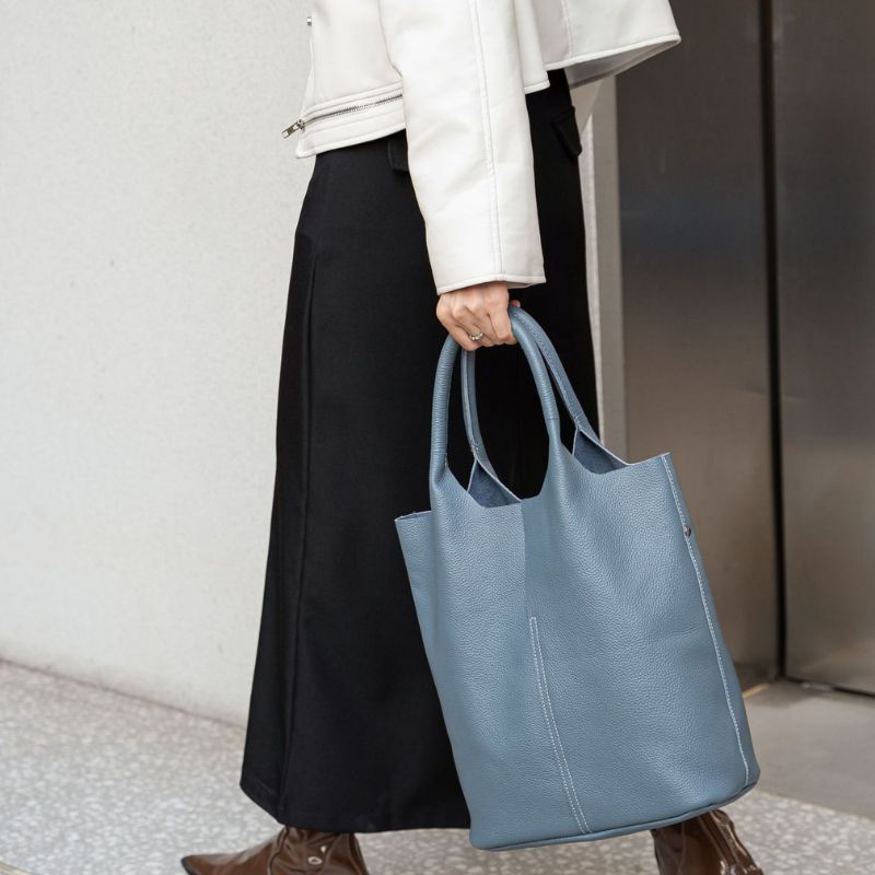 Real Leather Shopper Tote Bag-Tote Bag-Khaki-Free Shipping Leatheretro