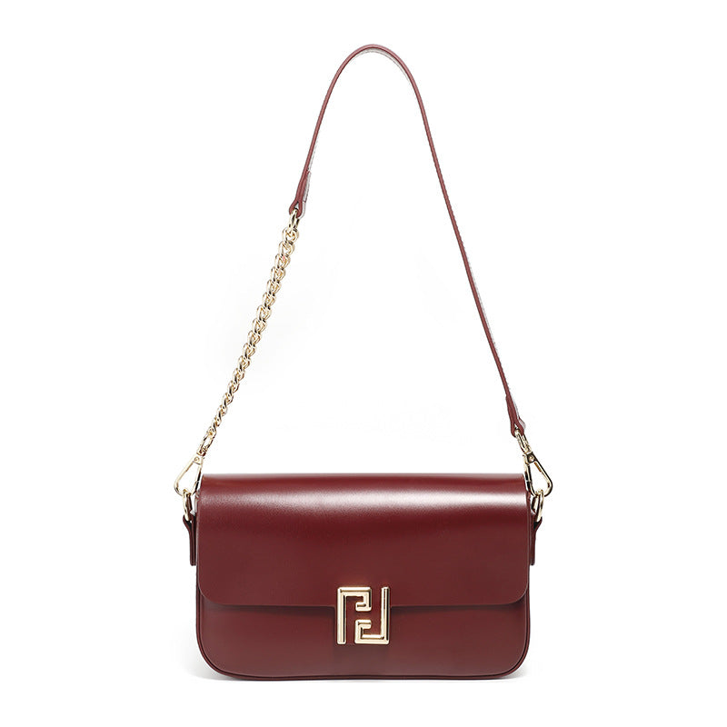 Genuine Leather Chain Flap Shoulder Bag - Cowhide Leather Lock Clasp Purse-Shoulder Bag-Red-Free Shipping Leatheretro