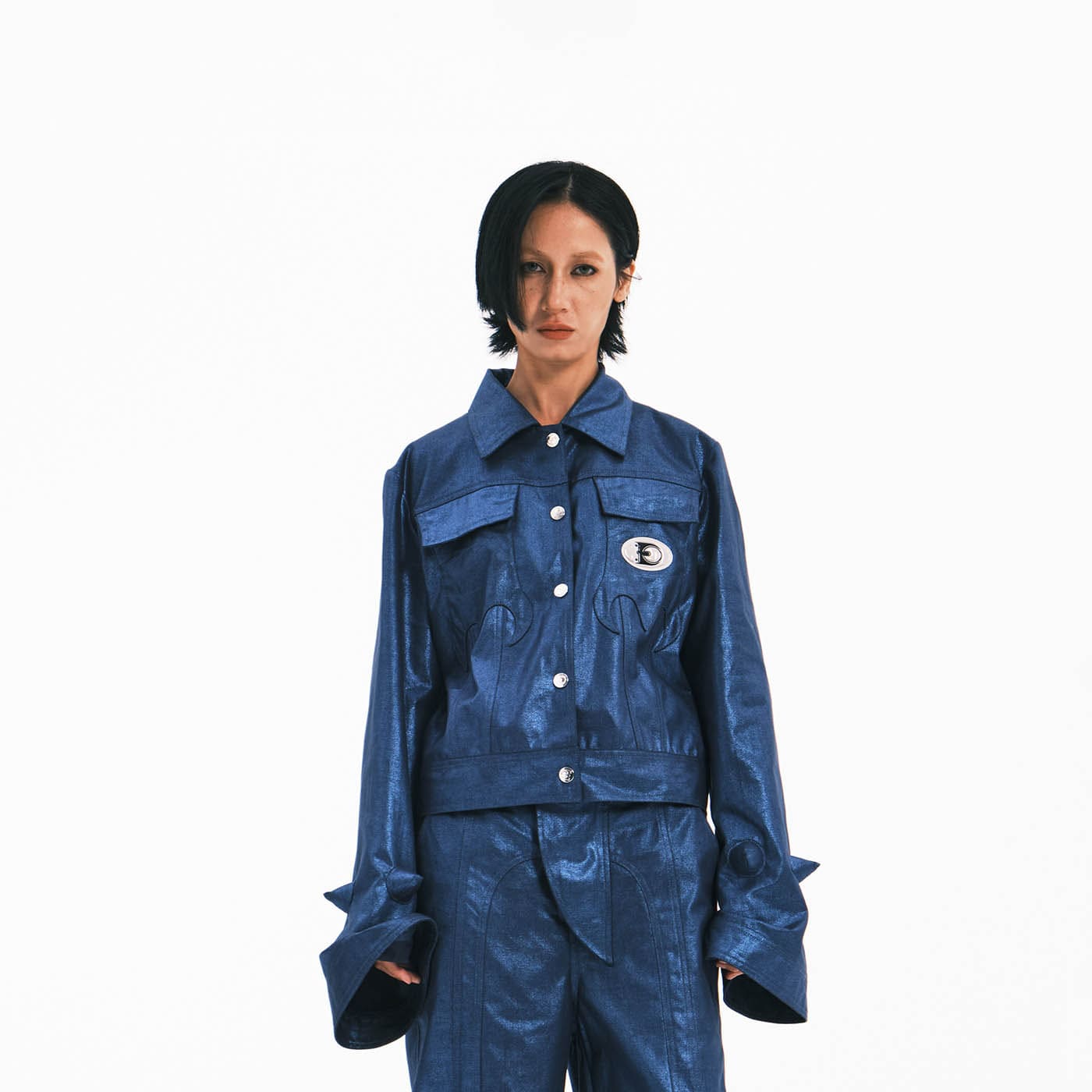 EMBRYO Metallic Sheen Embossed Spiked Sleeve Jacket-Jacket-One Size-Free Shipping Leatheretro