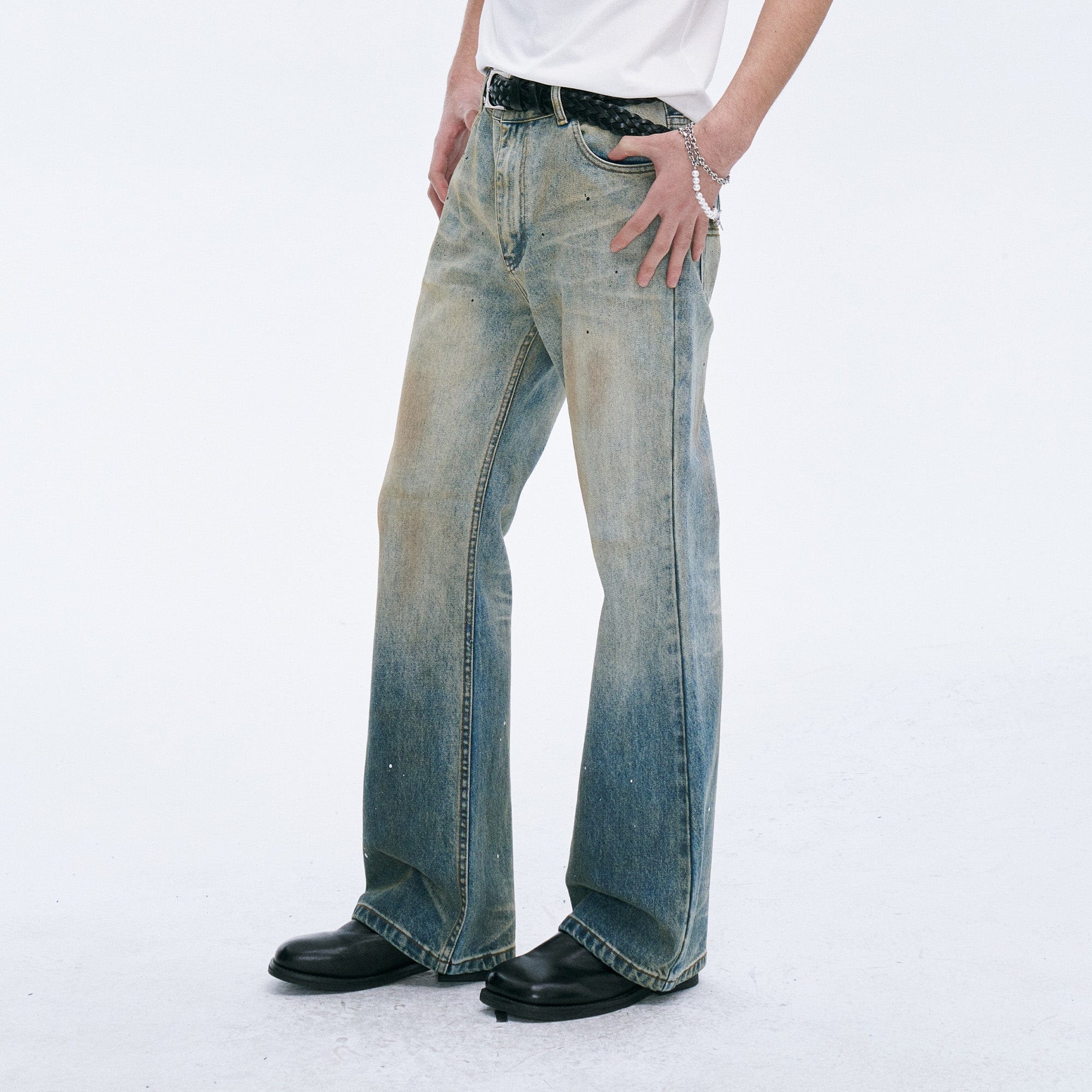 CATSSTAC Washed Sunfade Paint-Splatter Wide-Leg Jeans-Jeans-S-Free Shipping Leatheretro