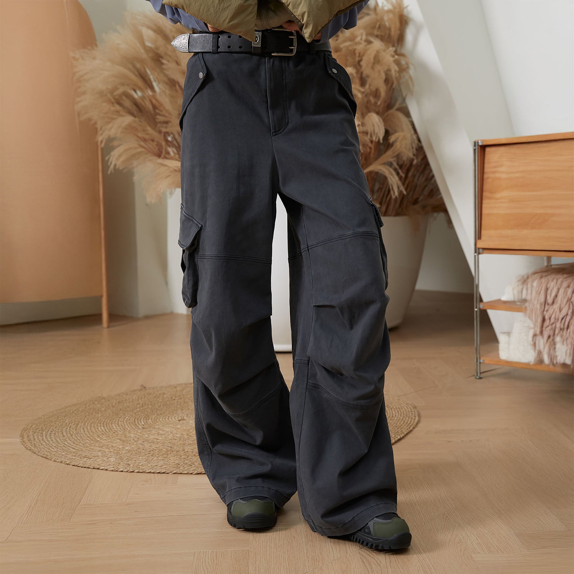 ERROR CODE ROBOT Pleated Knee Slant-Pockets Cargo Pants-Pants-S-Free Shipping Leatheretro