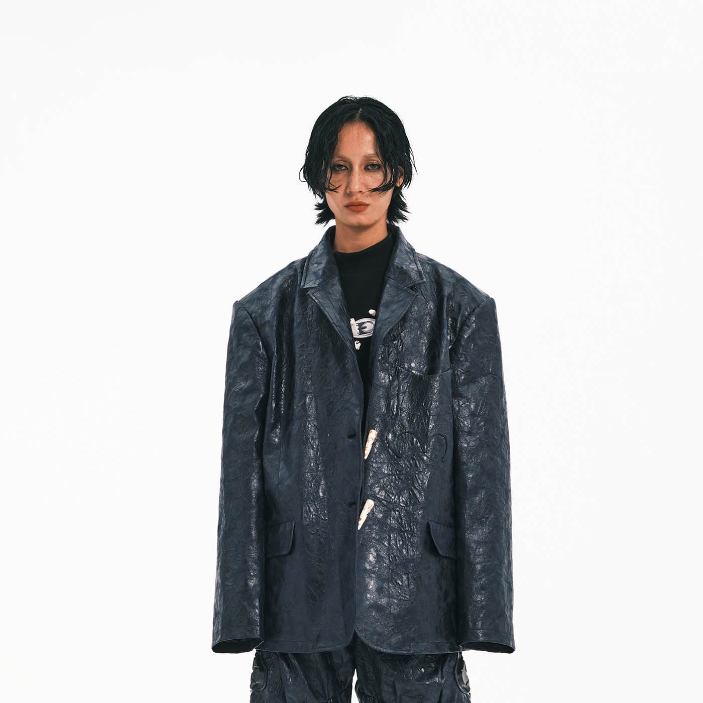 EMBRYO Crinkled Textured Faux Leather Blazer-Jacket-One Size-Free Shipping Leatheretro