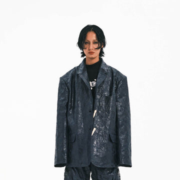 EMBRYO Crinkled Textured Faux Leather Blazer-Jacket-One Size-Free Shipping Leatheretro