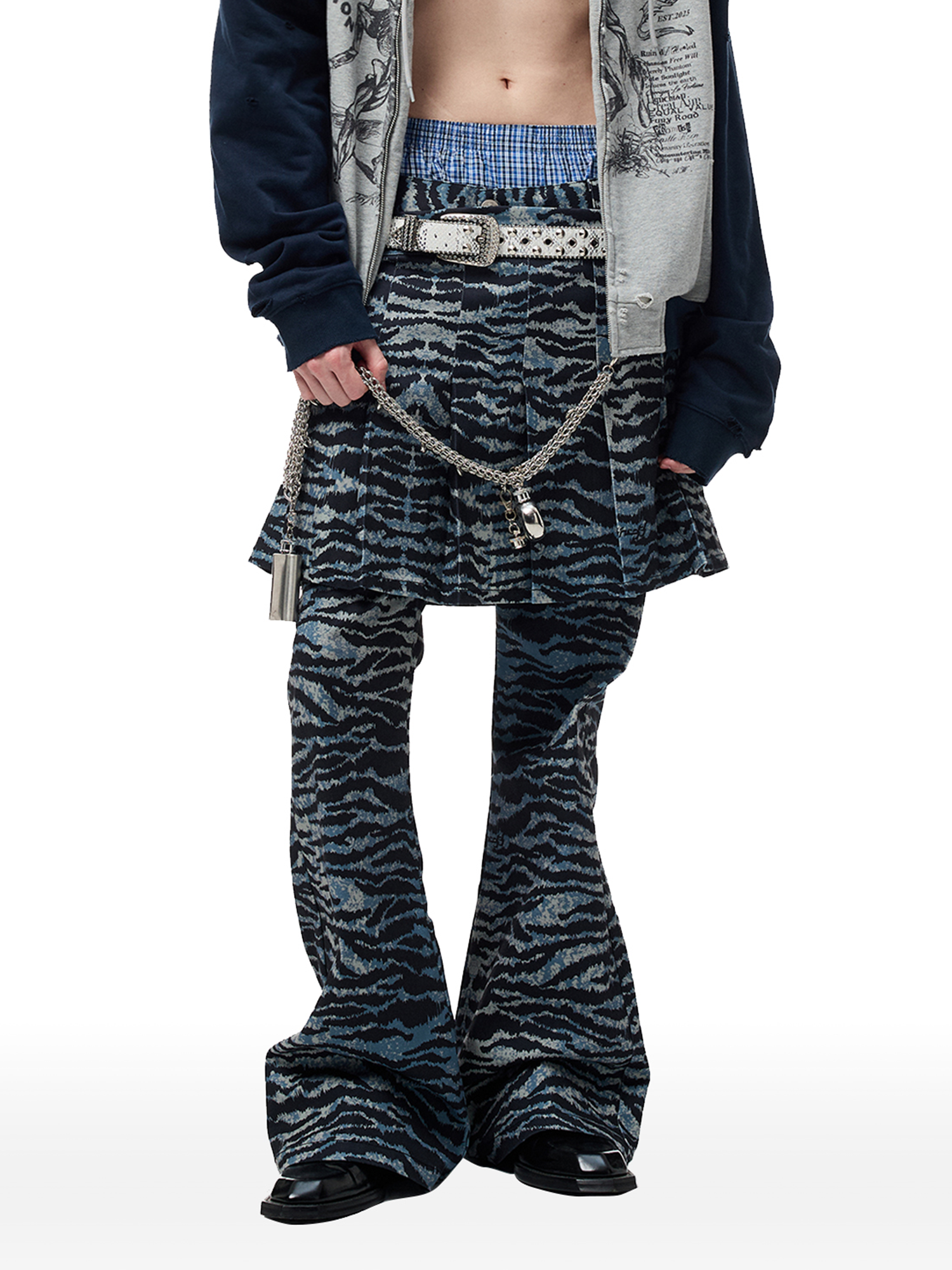 CYCYCY Punk Tiger-Stripe Detachable Pleated Flared Pants-Pants-XXS / 27"-Free Shipping Leatheretro