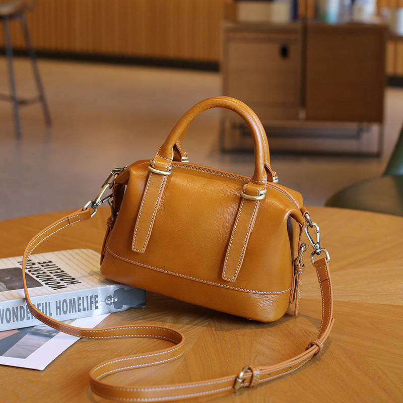 Genuine Leather Shoulder Messenger Bag - First Layer Cowhide Sandwich Zipper Bags-Messenger Bag-Khaki-Free Shipping Leatheretro