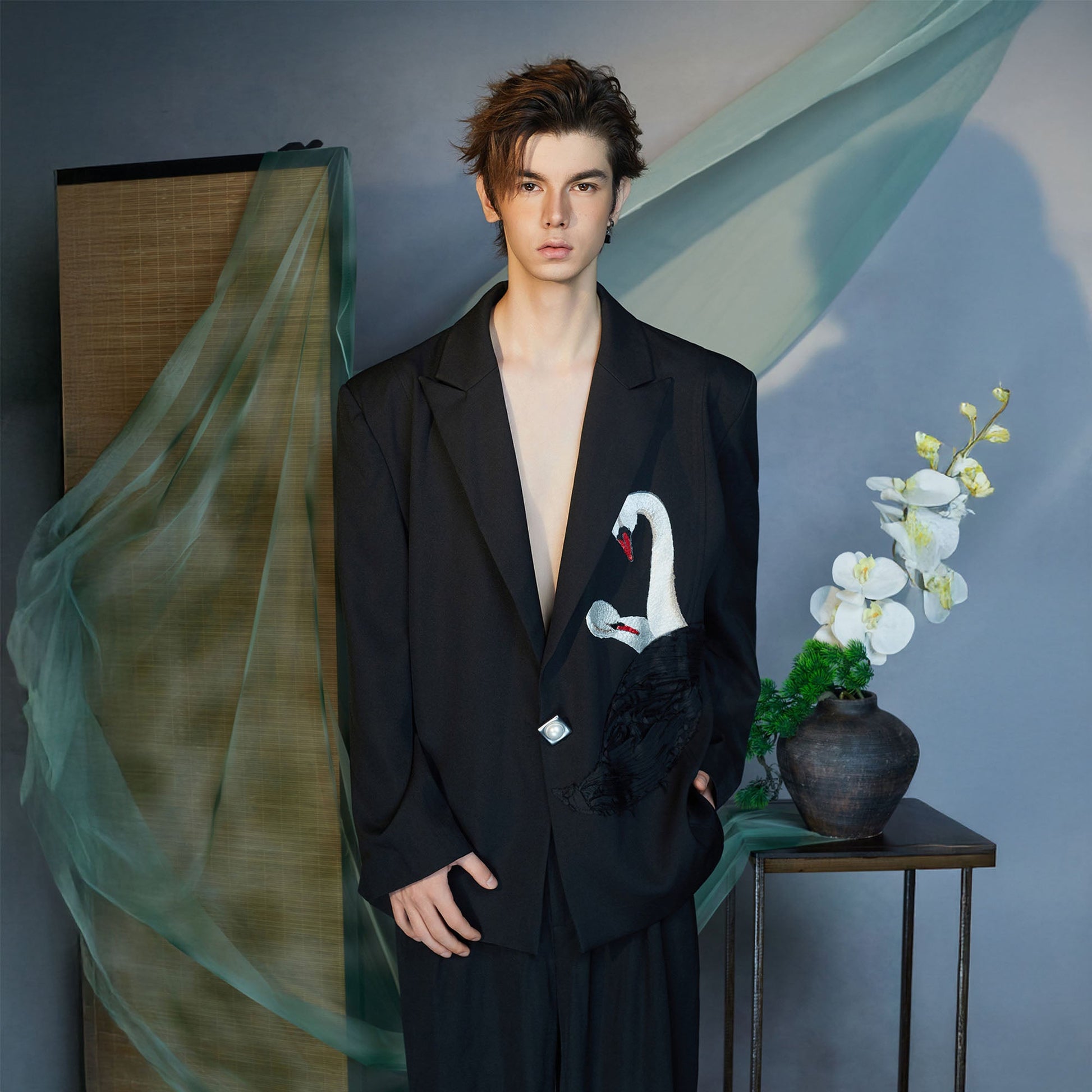 JIECHI Swan Embroidered Pearl Button Blazer-Jacket-M (Preorder)-Free Shipping Leatheretro