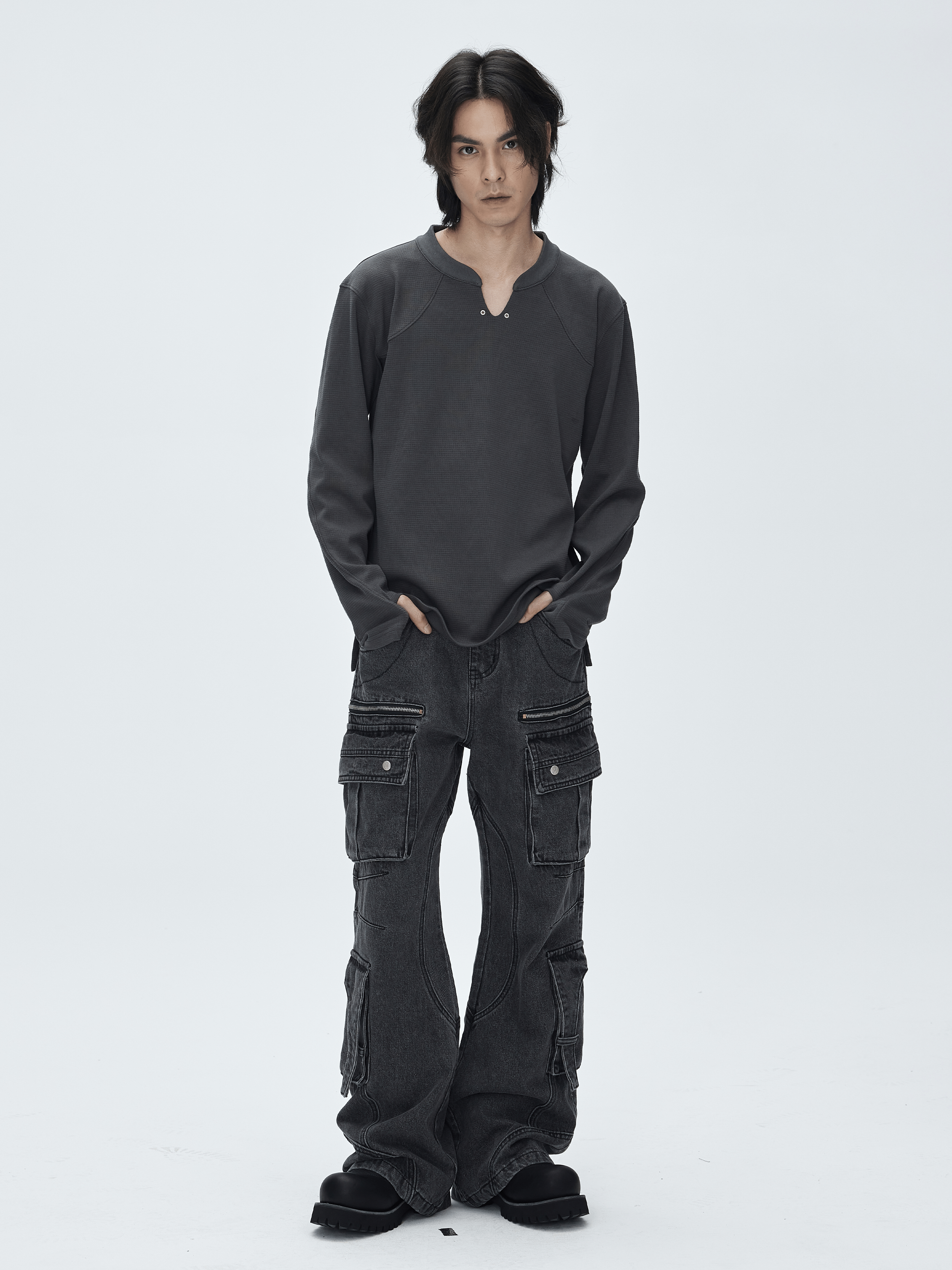 CATSSTAC Washed Multi-Pocket Utility Straight-Leg Jeans-Jeans-Gray-M-Free Shipping Leatheretro