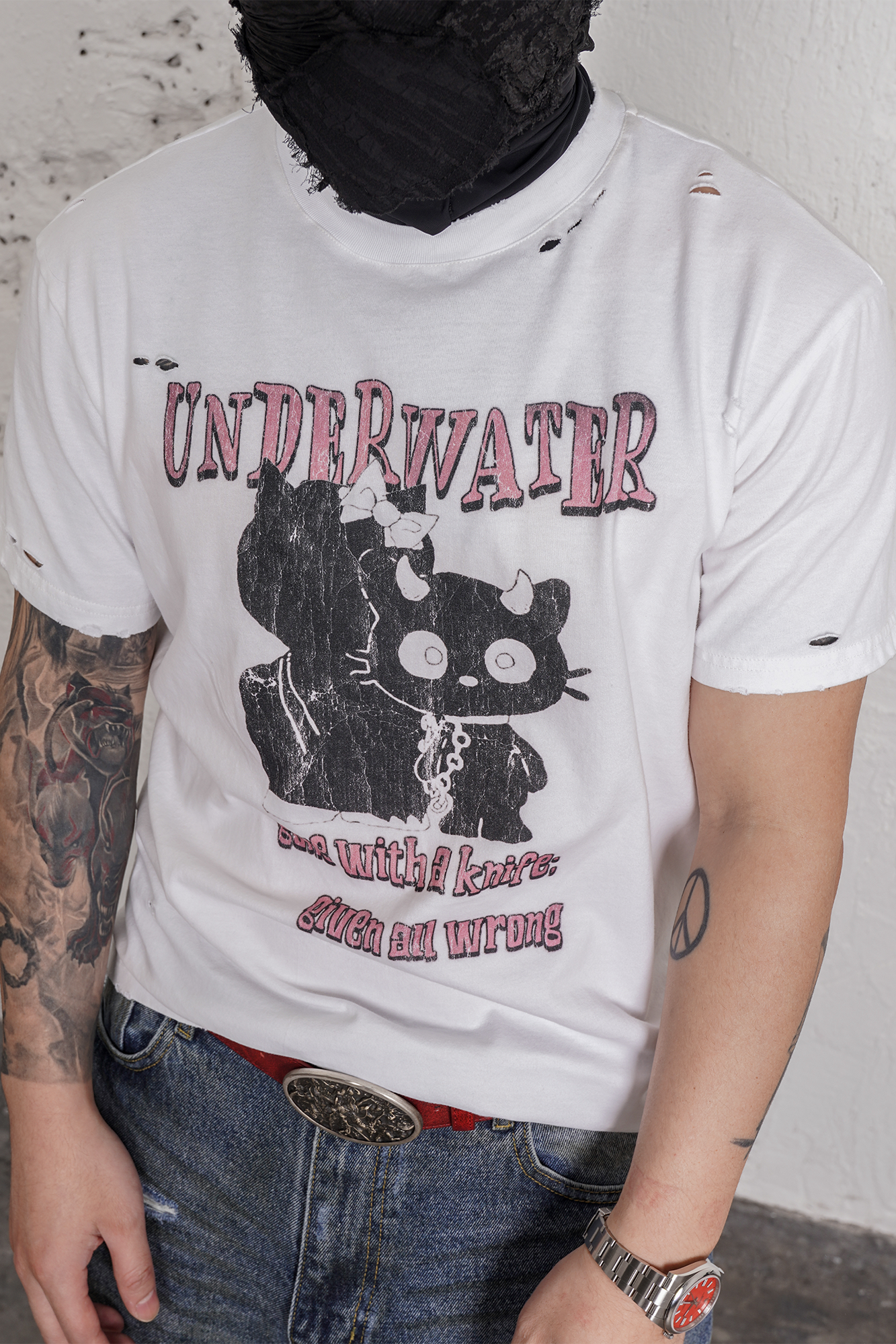 UNDERWATER Distressed Black Cat Graphic T-Shirt-T Shirt-S-Free Shipping Leatheretro