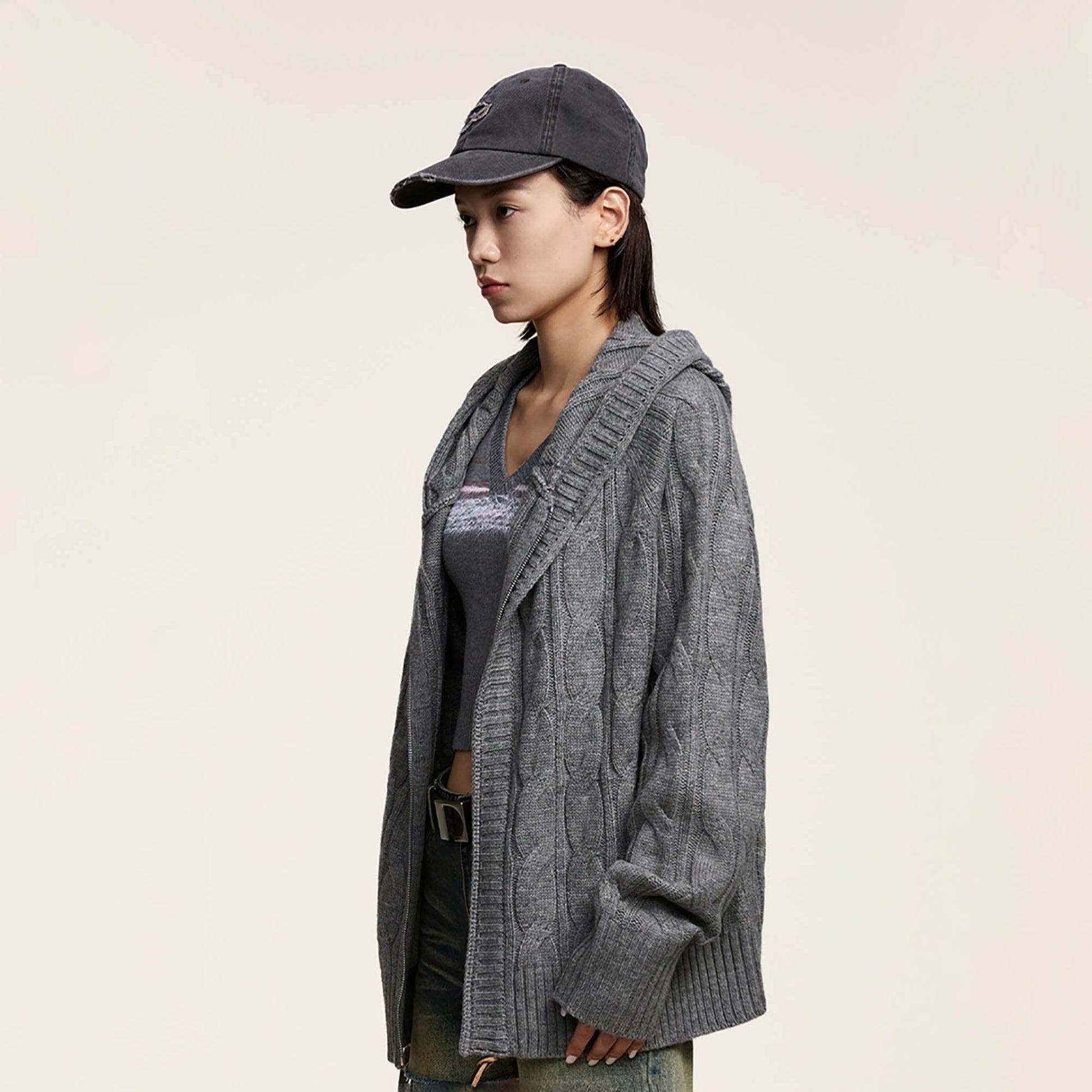 OPICLOTH Cable-Knit Zip-Up Hooded Cardigan-Jacket-XS-Grey-Free Shipping Leatheretro