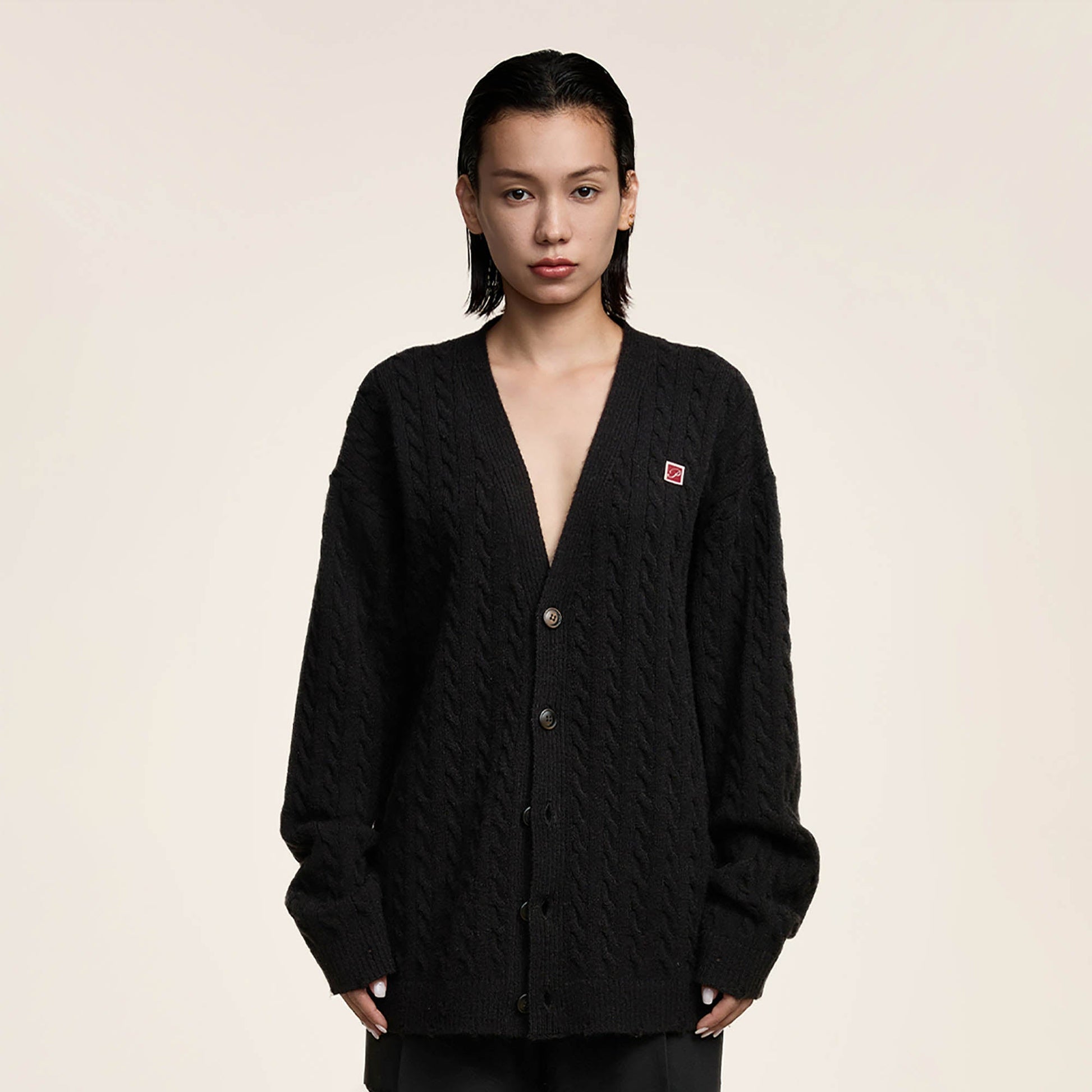 OPICLOTH Cable-Knit V-Neck Button-Up Cardigan-Jacket-XS-Black-Free Shipping Leatheretro