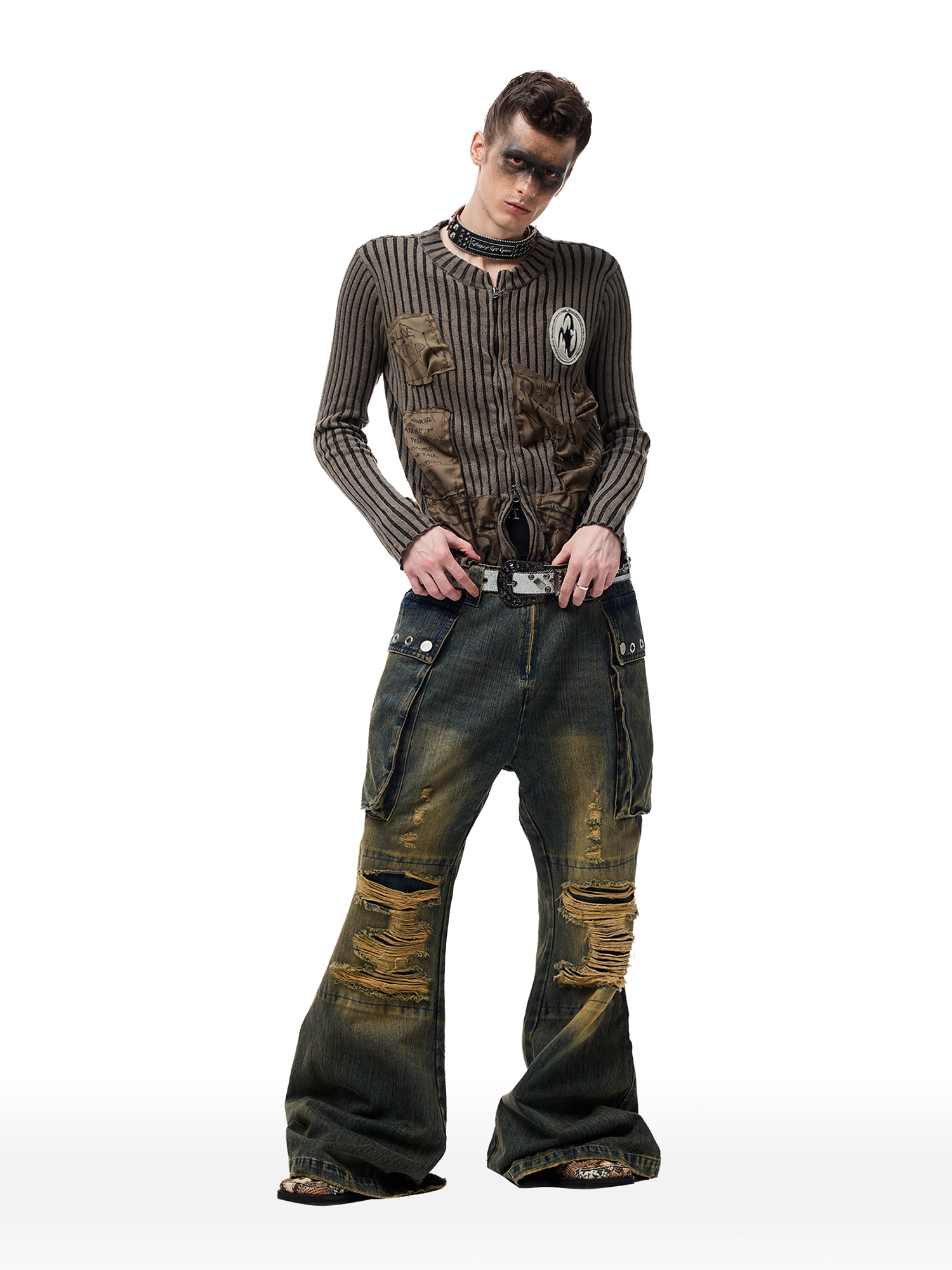 CYCYCY Distressed Big-Pocket Flared Jeans-Jeans-XXS / 27"-Free Shipping Leatheretro