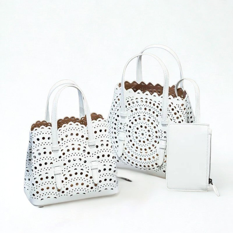 French Handmade Cowhide Leather Tote Bag - Vegetable Basket Versatile Handbag-Shopper Bag-White-Width 18 cm * Height 16 cm * Depth 8.5 cm-Free Shipping Leatheretro