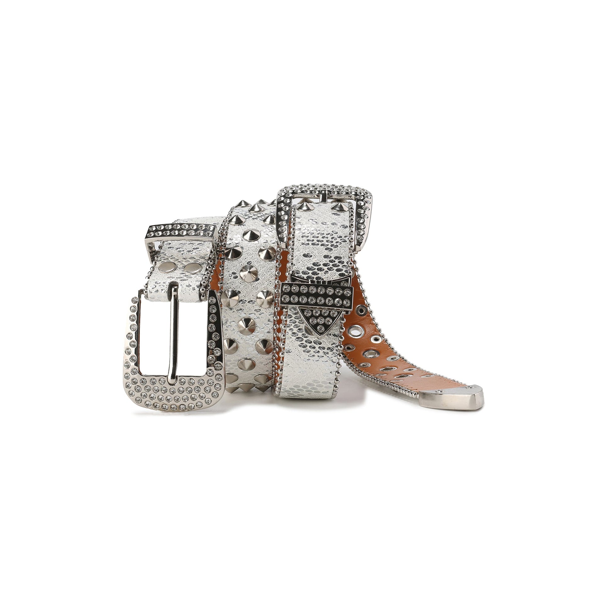 CYCYCY Serpentine Embossed Double Buckle Studded Belt White-Accessories-One Size-Free Shipping Leatheretro