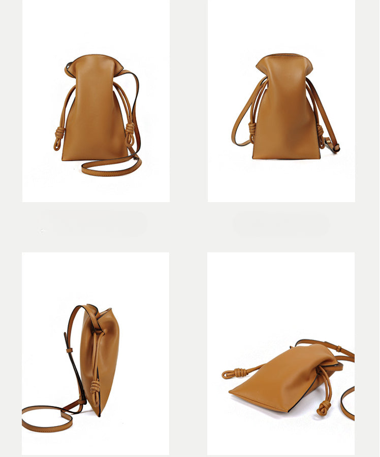 Adjustable Drawstring Bucket Bag Genuine Leather Shoulder Crossbody Tote Bags-Handbags-White-Free Shipping Leatheretro