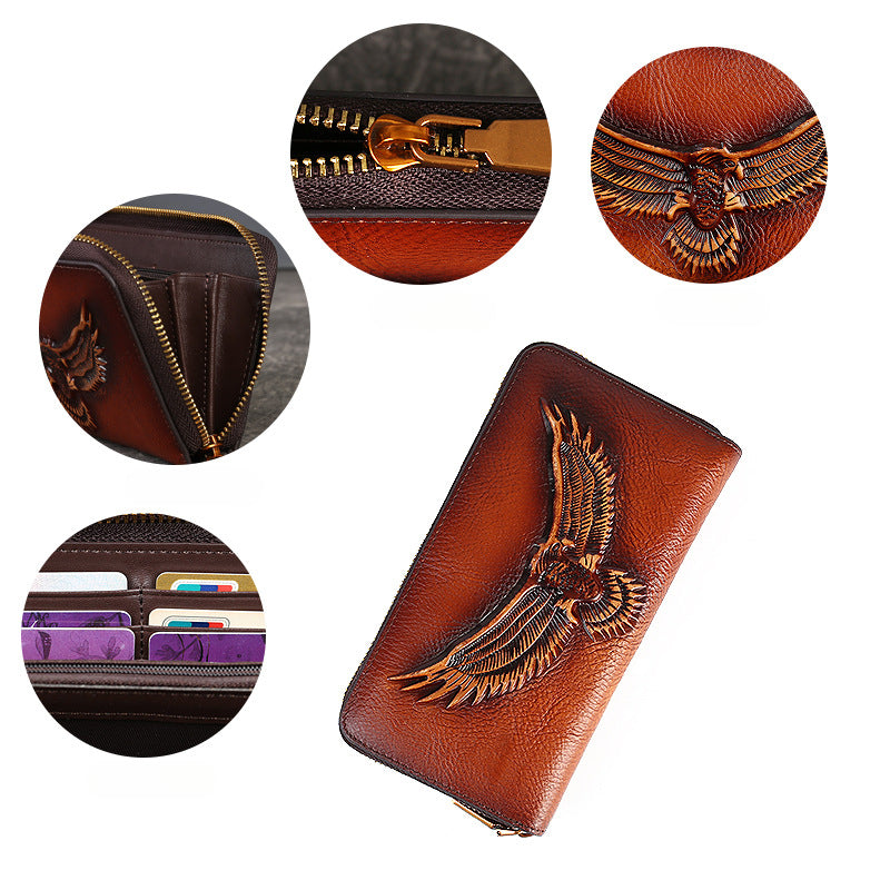 Full-Grain Leather Unisex Wallet - Multi-Card Slots, Eagle Design Spacious Design & Phone Pocket-Handbags, Wallets & Cases-Dark Brown-Free Shipping Leatheretro