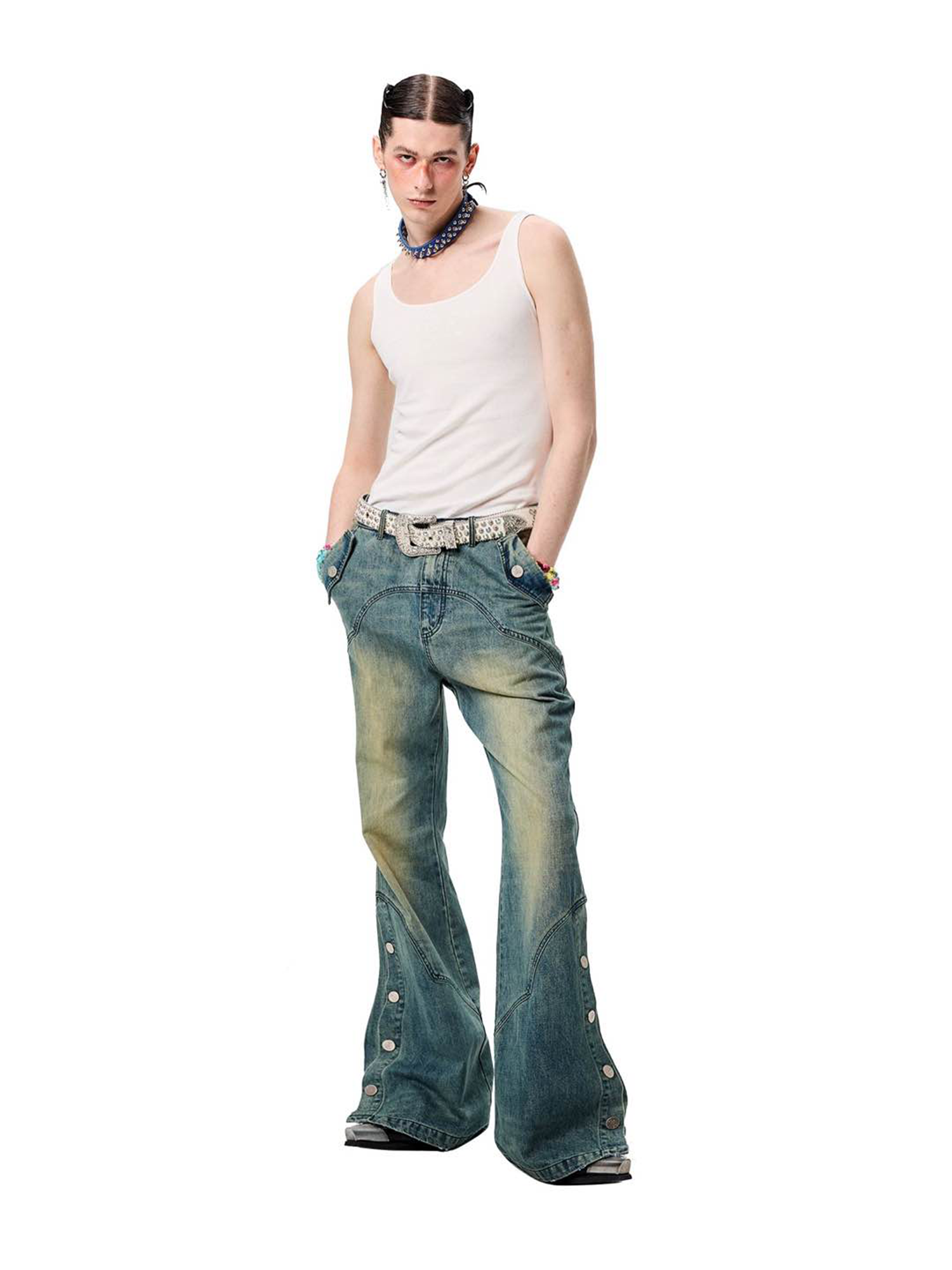 ERISSTOFF Washed Detachable Flared Jeans Blue-Jeans-S / 30"-Free Shipping Leatheretro
