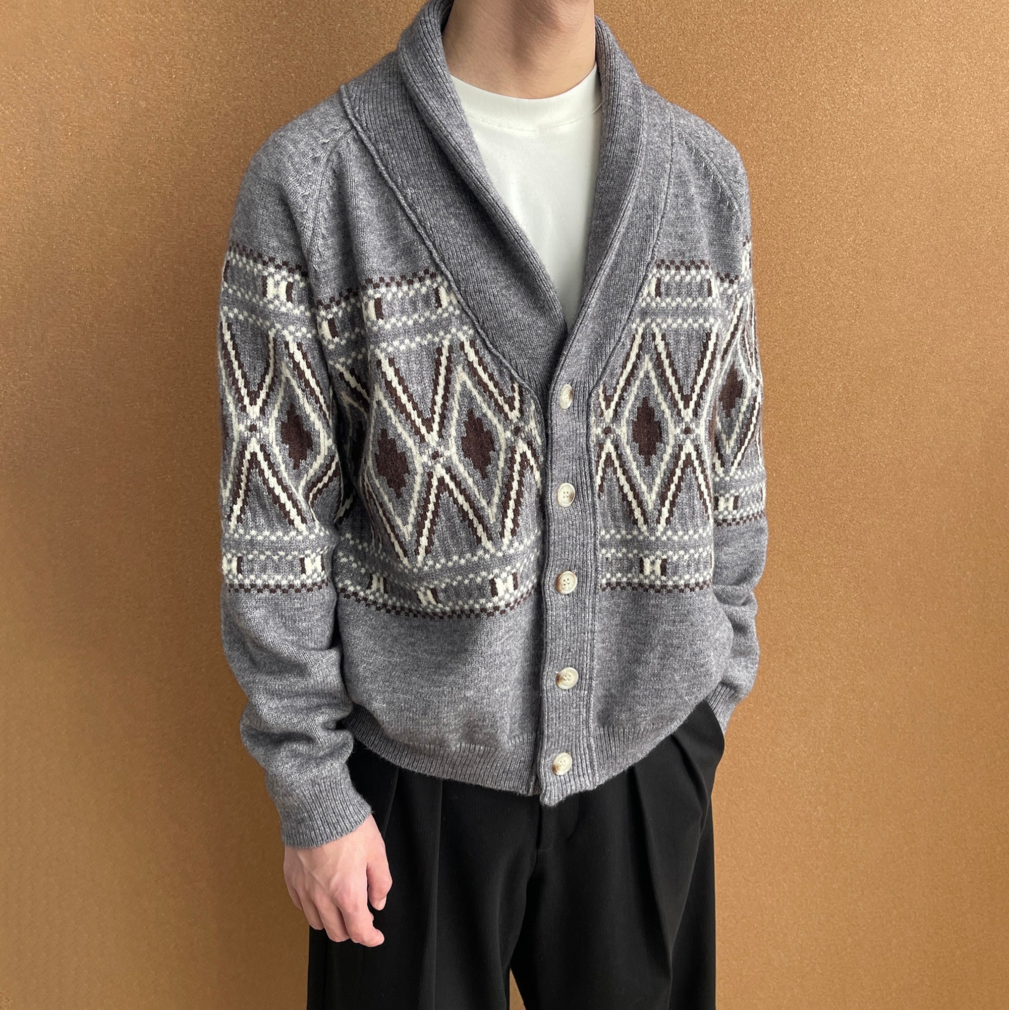 OKAYTHXBYE Fair Isle Shawl Collar Cardigan-Jacket-S (Preorder)-Beige-Free Shipping Leatheretro