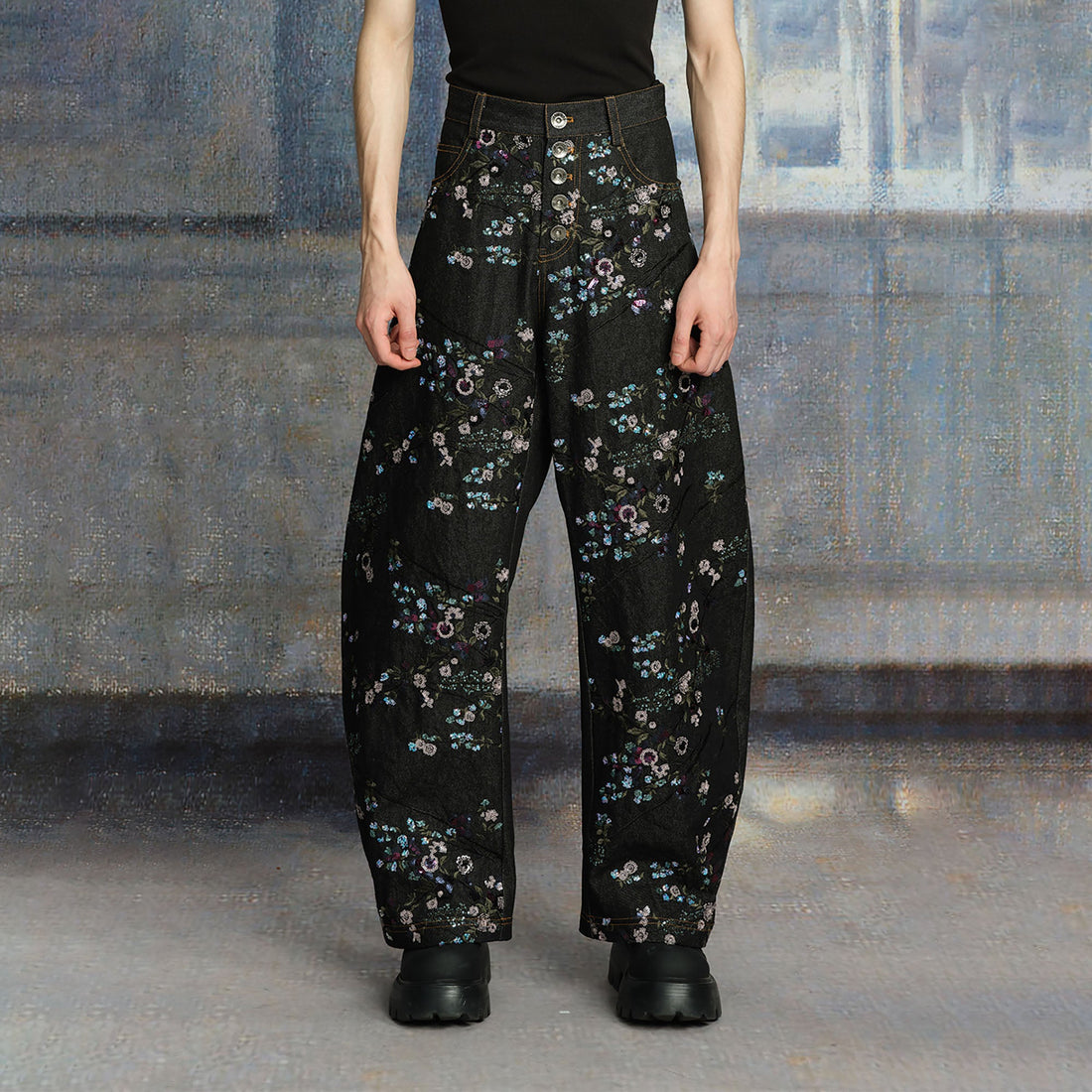 TUIMU Beaded Floral Embroidered Wide-Leg Denim Trousers-Jeans-XS-Free Shipping Leatheretro