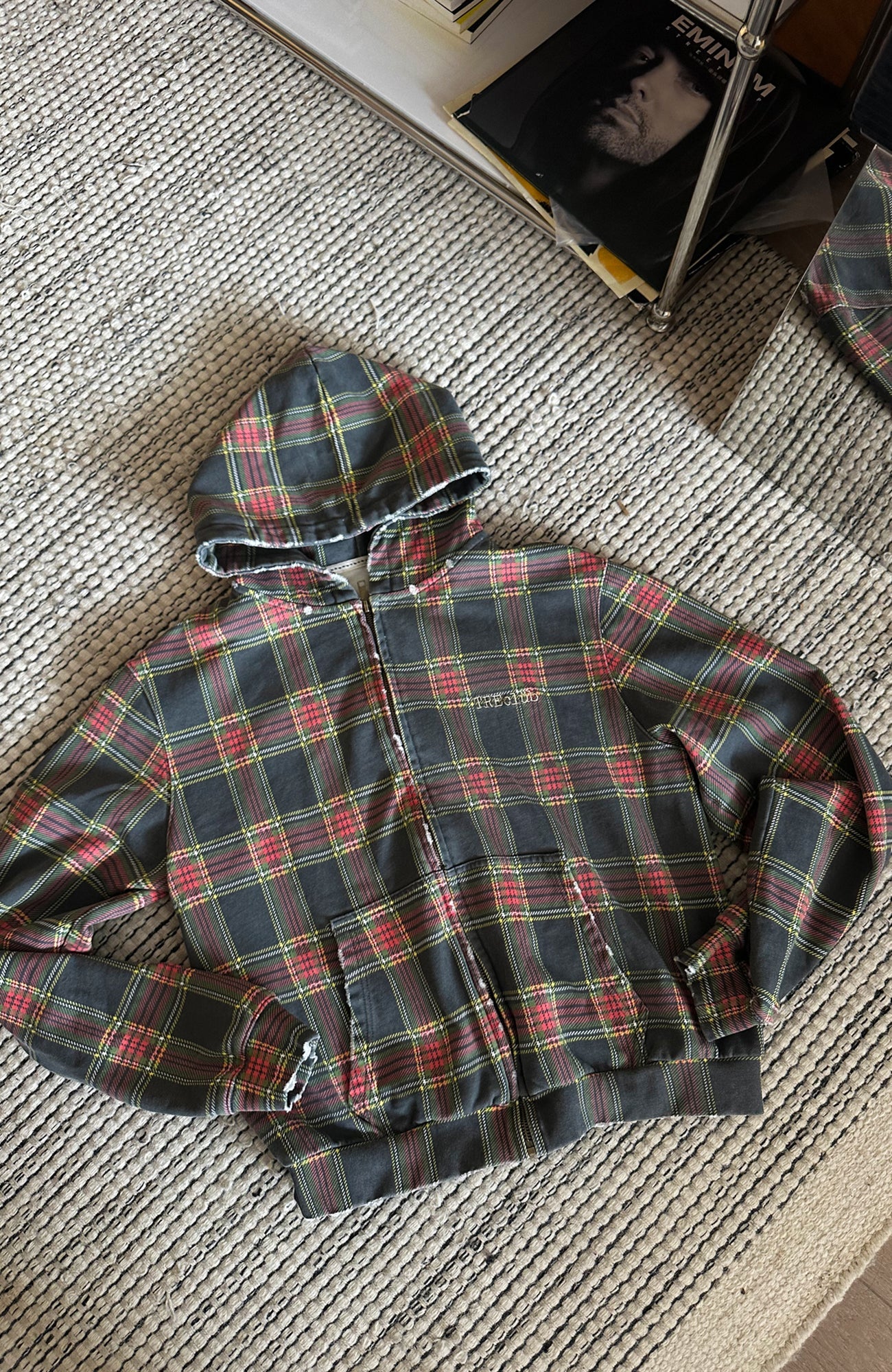 TRECLUB Distressed Plaid Zip-Up Hoodie-Jacket-S (Preorder)-Free Shipping Leatheretro