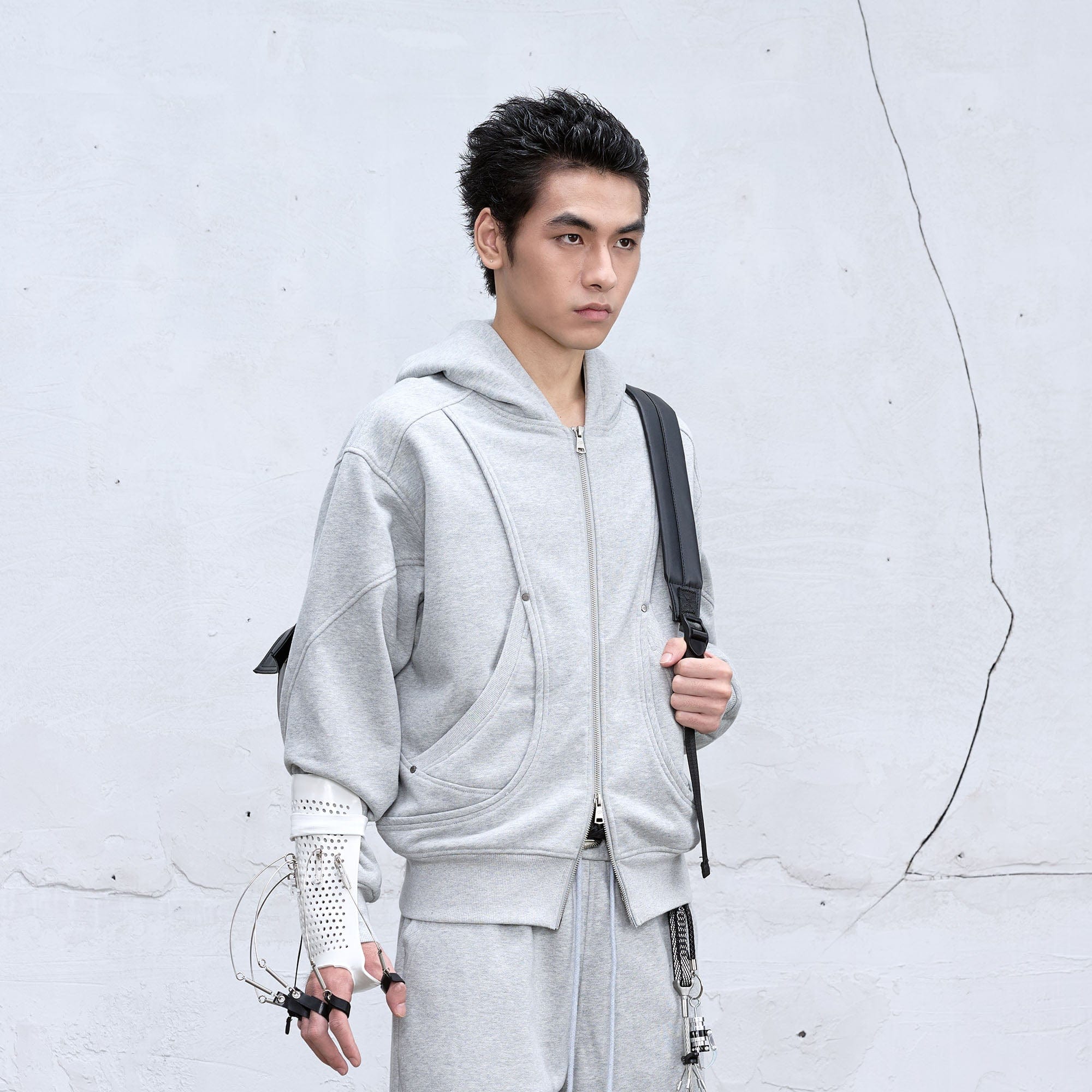 CATSSTAC Arc Panel Dual-Zip Hoodie-Jacket-M-Gray-Free Shipping Leatheretro