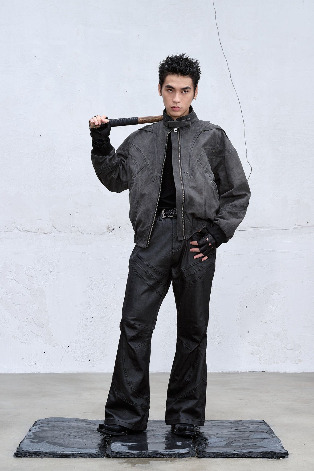 CATSSTAC Deconstructed Faded Wash Dual-Zipper Jacket-Jacket-M-Black-Free Shipping Leatheretro