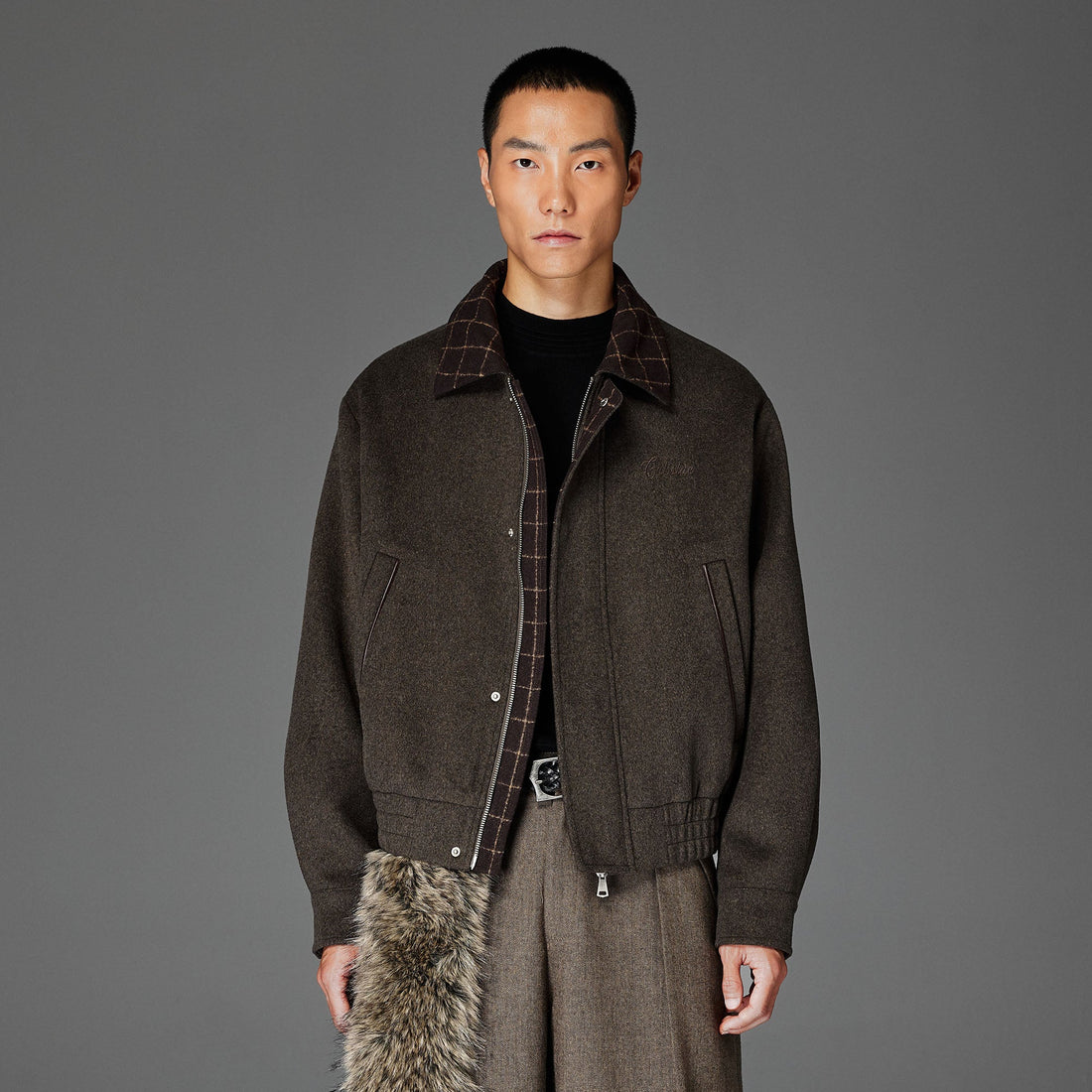 CATSSTAC Wool-Blend Plaid-Collar Bomber Jacket-Jacket-M-Gray-Free Shipping Leatheretro