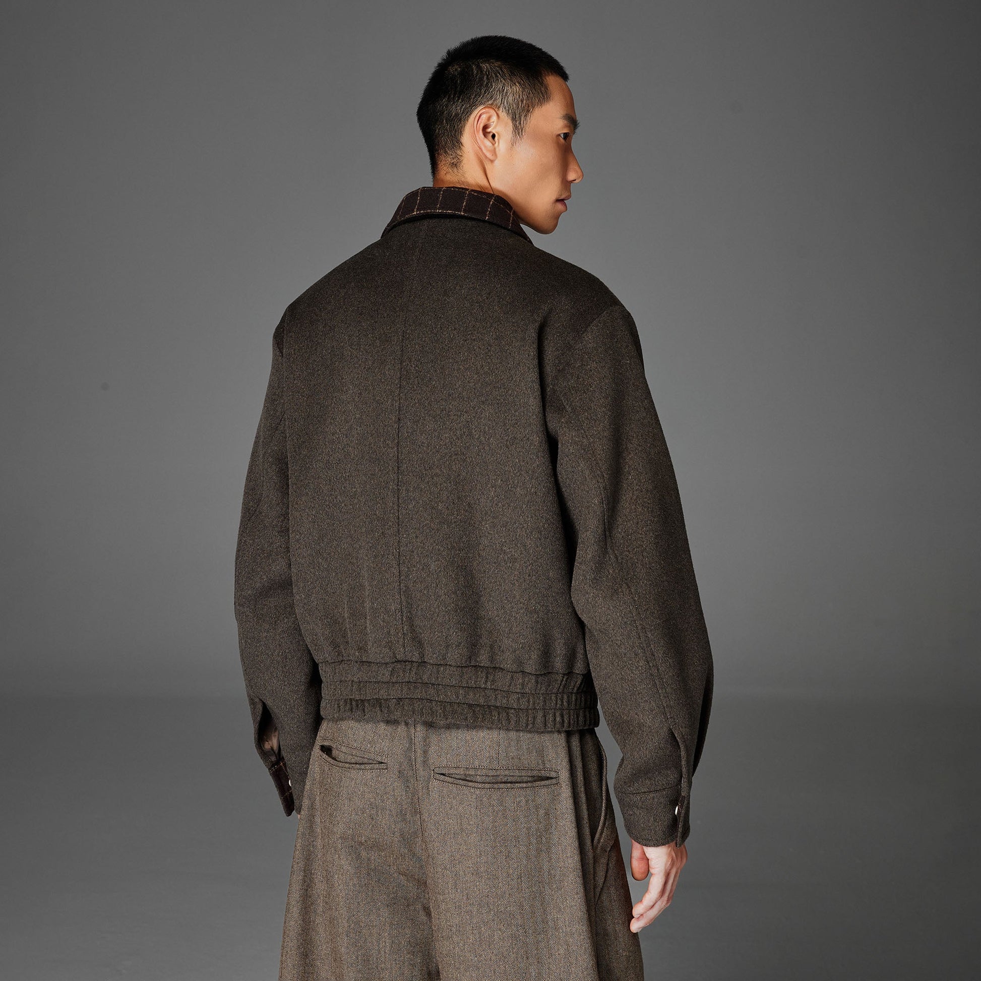 CATSSTAC Wool-Blend Plaid-Collar Bomber Jacket-Jacket-M-Gray-Free Shipping Leatheretro