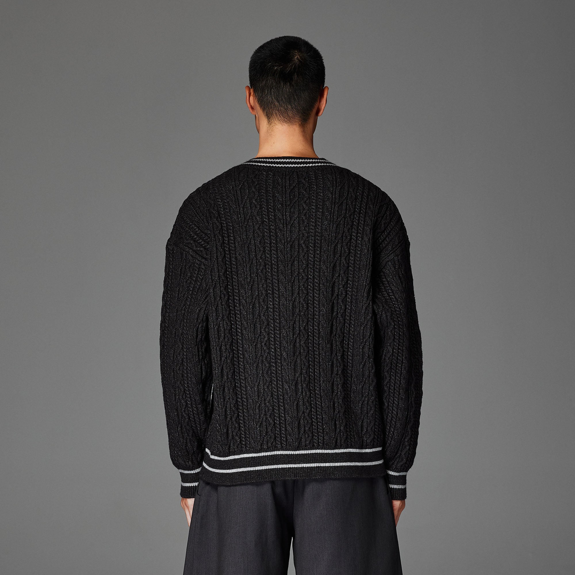 CATSSTAC Varsity V-Neck Cable-Knit Sweater-Sweater-S-Dark Gray-Free Shipping Leatheretro