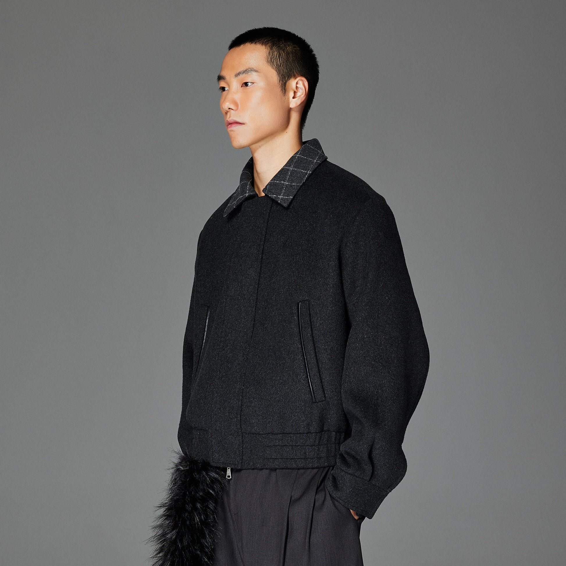 CATSSTAC Wool-Blend Plaid-Collar Bomber Jacket-Jacket-M-Gray-Free Shipping Leatheretro