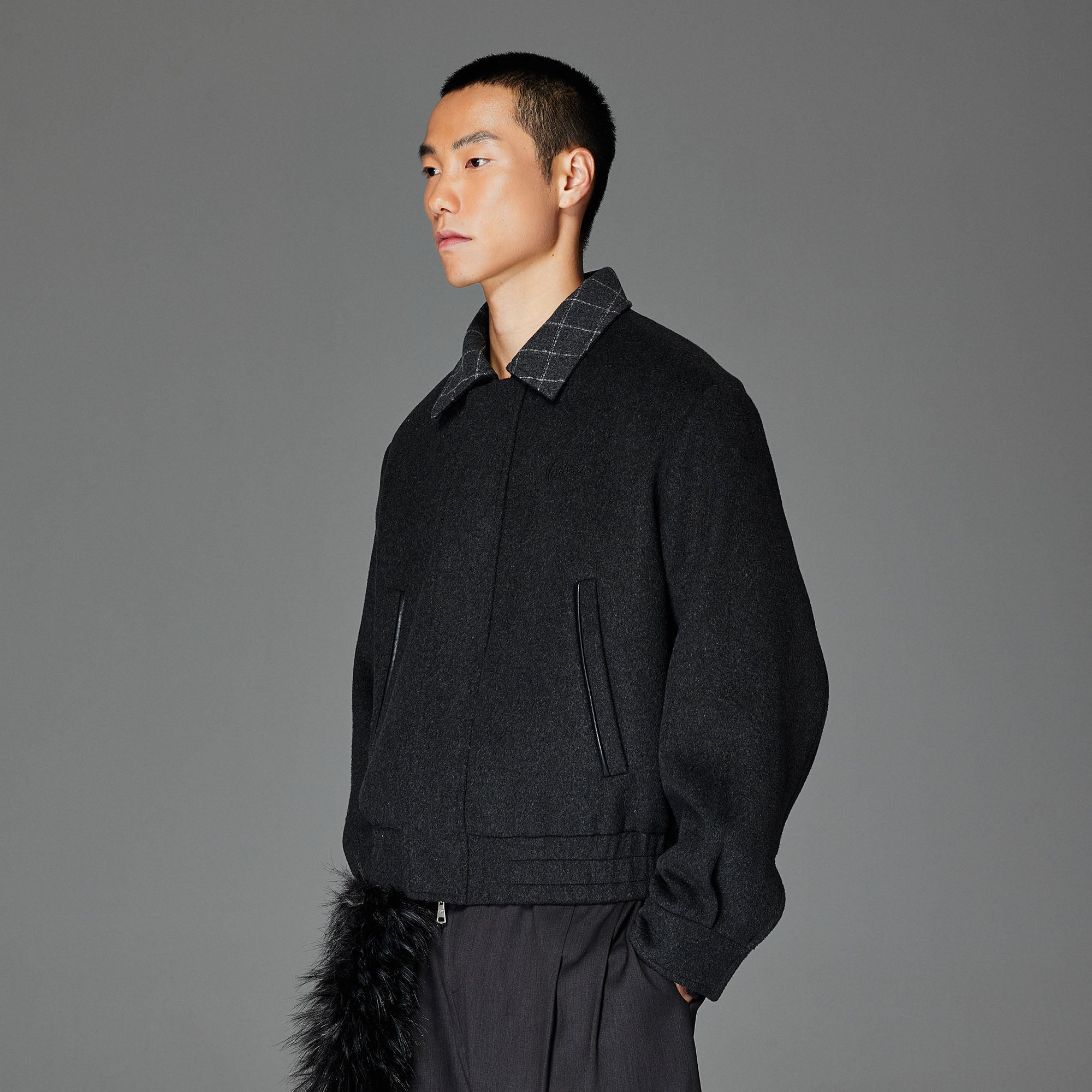 CATSSTAC Wool-Blend Plaid-Collar Bomber Jacket-Jacket-M-Gray-Free Shipping Leatheretro