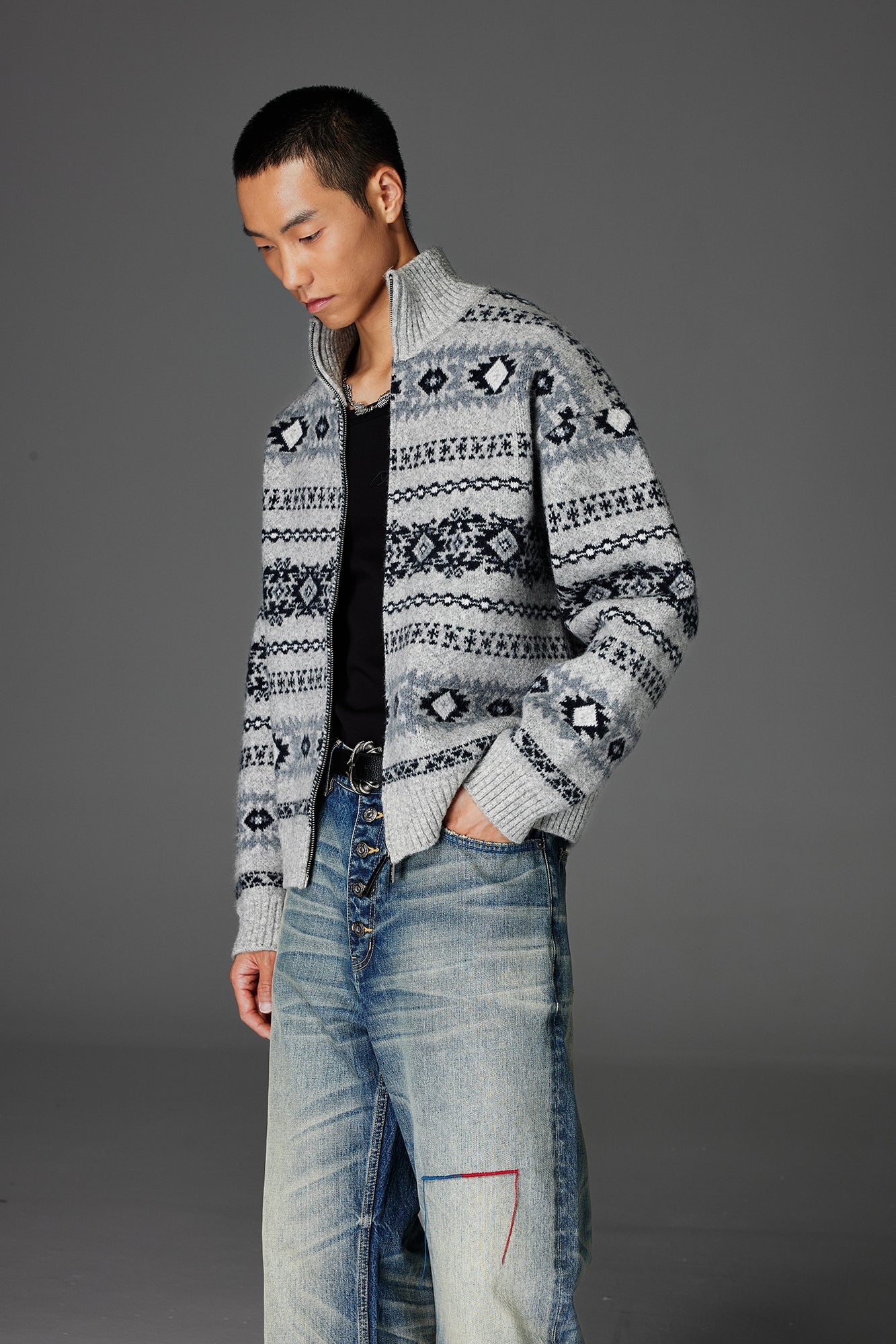 CATSSTAC Geometry Jacquard Zip-Up Cardigan-Jacket-M (Preorder)-Coffee-Free Shipping Leatheretro