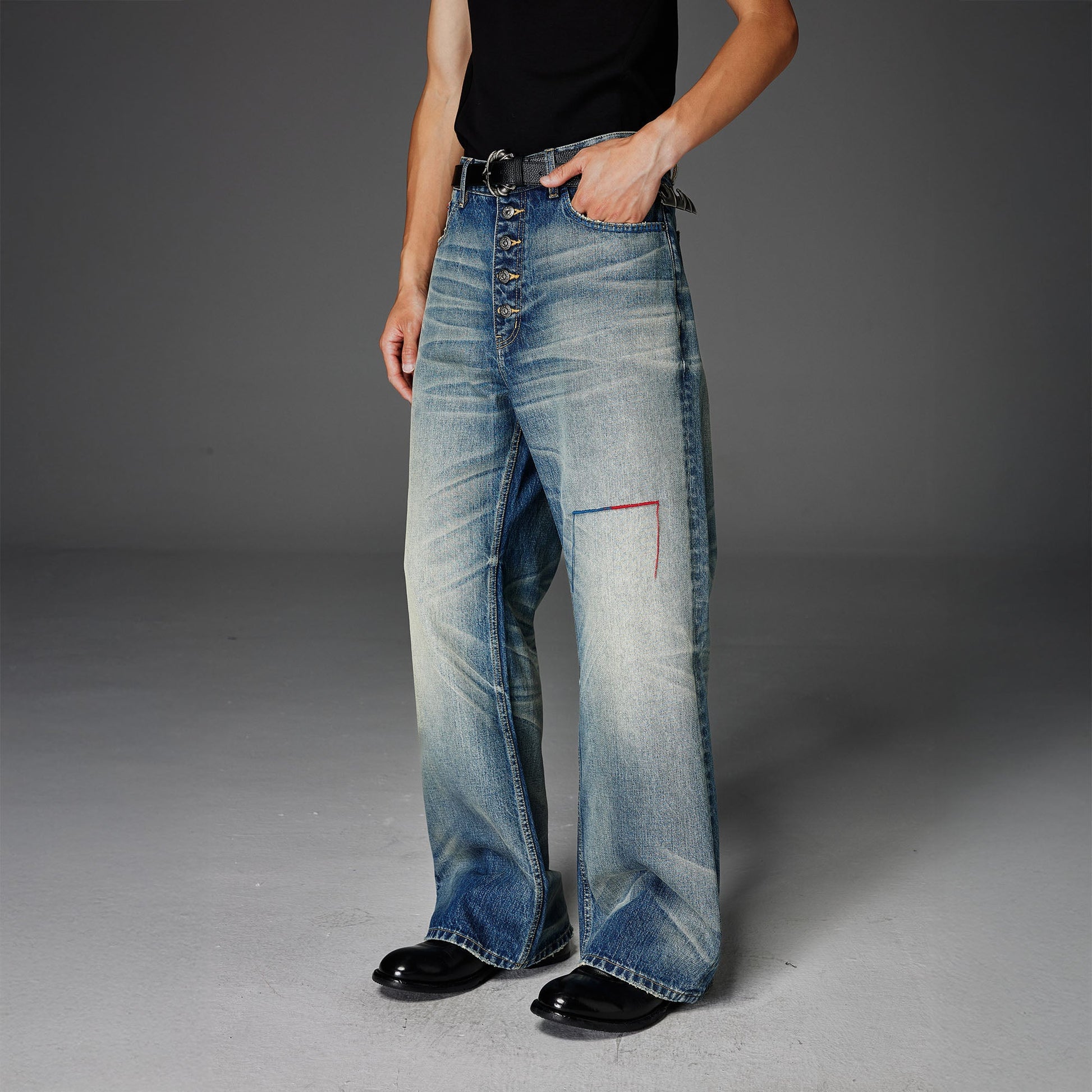 CATSSTAC Whisker Washed Button-Up Jeans-Jeans-M-Free Shipping Leatheretro